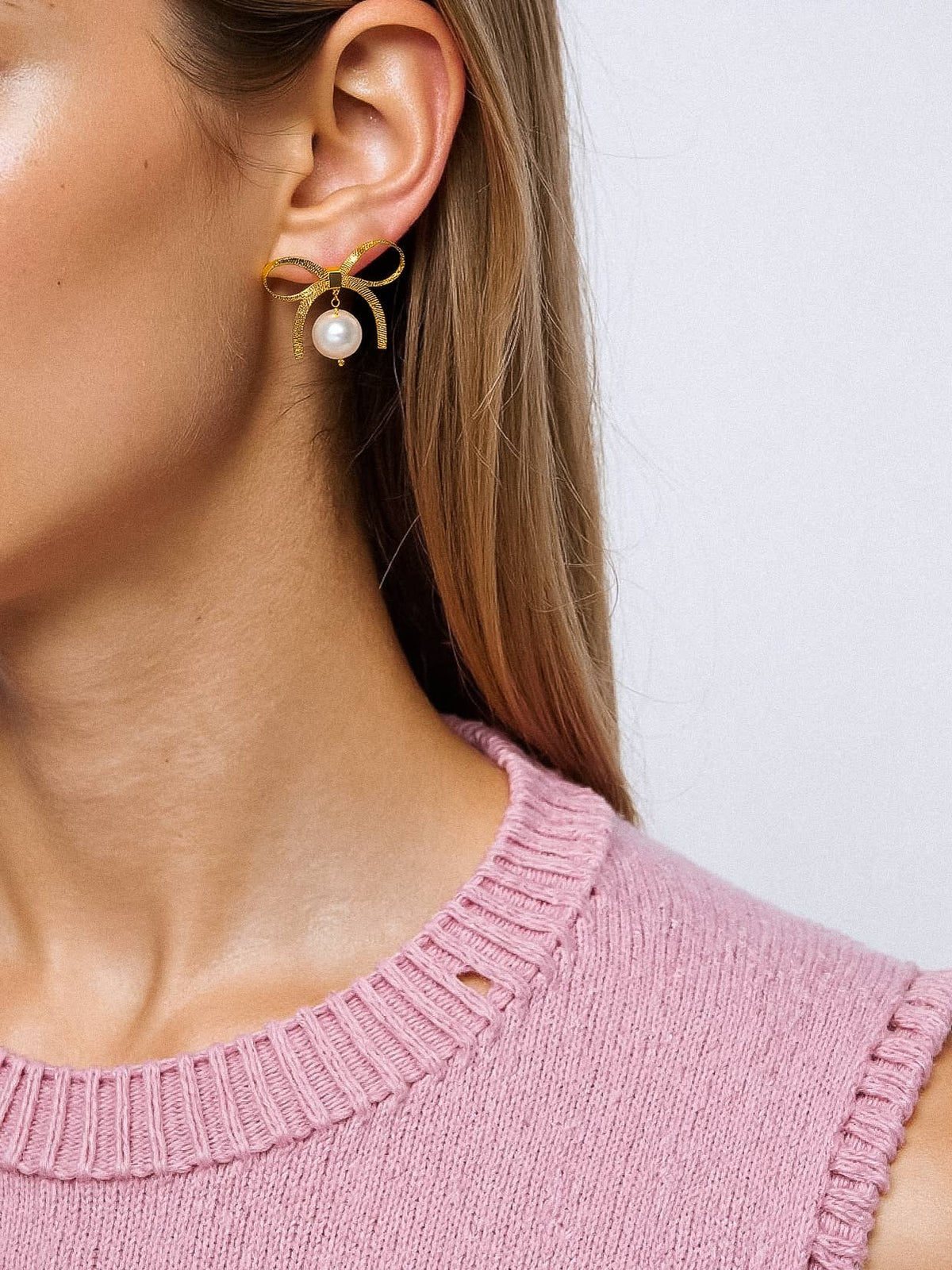 Alice 18K Gold Non-Tarnish Bow Dangle Pearl Earring: Yellow Gold - The Mustard Seed Collection, The Seed
