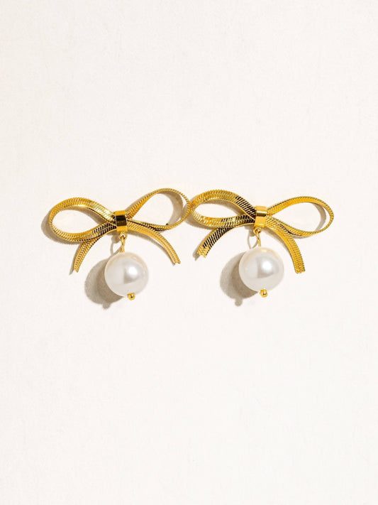 Alice 18K Gold Non-Tarnish Bow Dangle Pearl Earring: Yellow Gold - The Mustard Seed Collection, The Seed