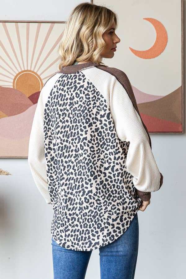 Animal Color Block V Neck Long Sleeve Pullover Top: Cream - The Mustard Seed Collection, The Seed