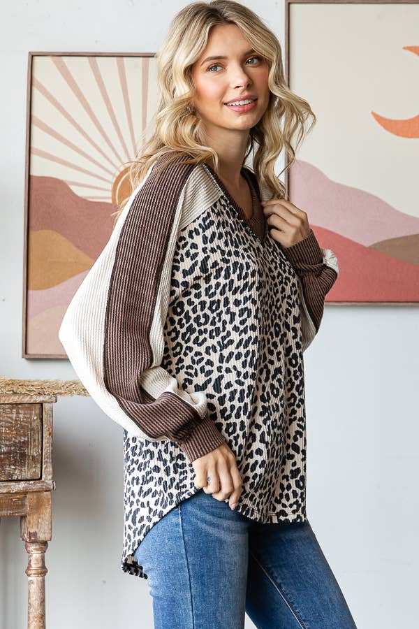 Animal Color Block V Neck Long Sleeve Pullover Top: Cream - The Mustard Seed Collection, The Seed
