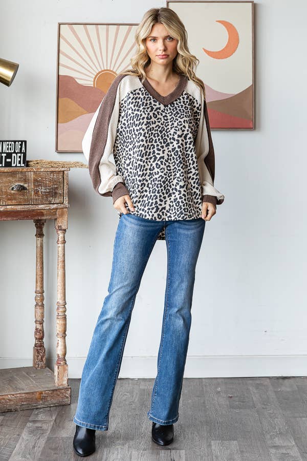 Animal Color Block V Neck Long Sleeve Pullover Top: Cream - The Mustard Seed Collection, The Seed
