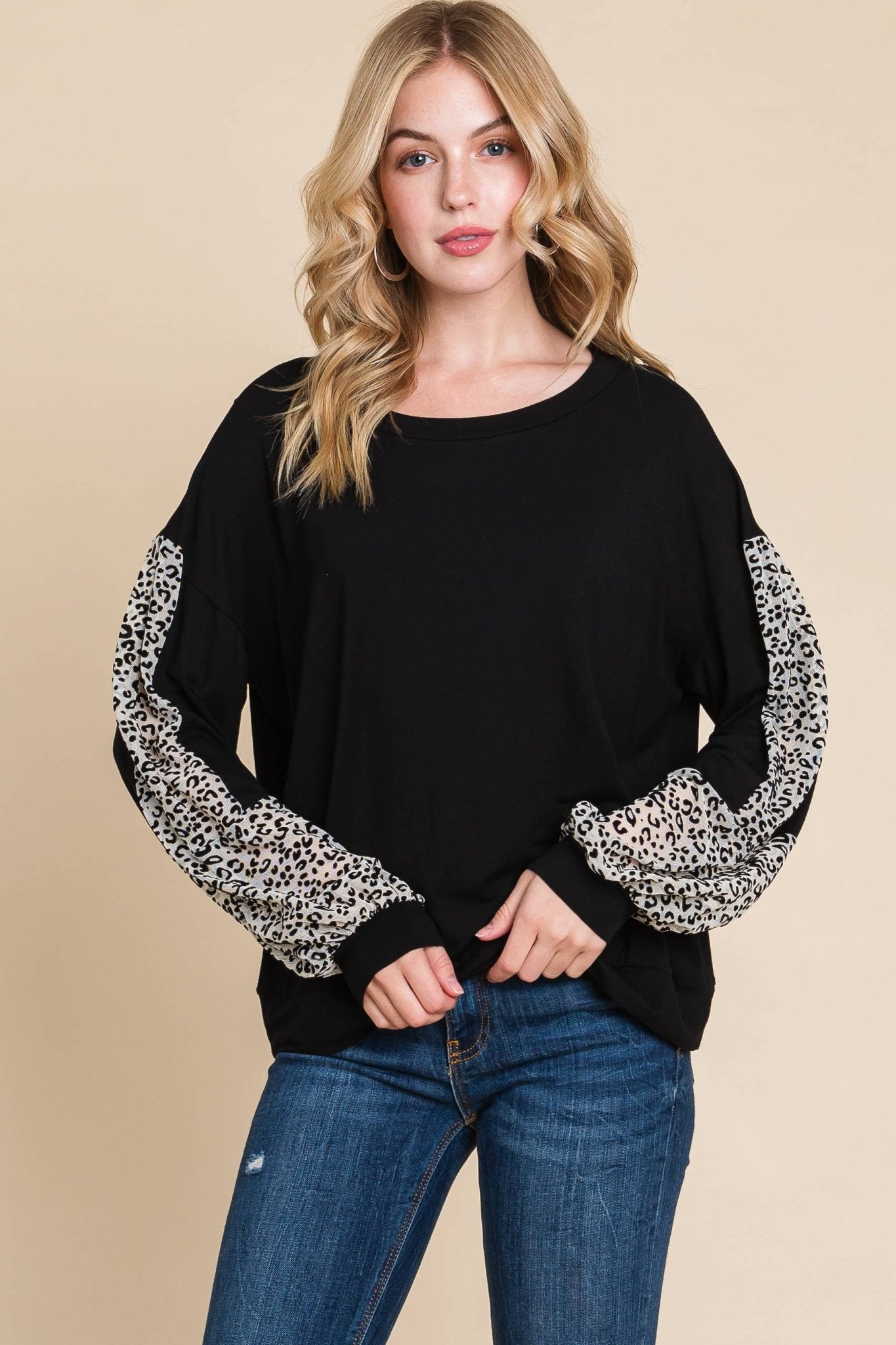 Animal Print Solid Jersey Casual Top: Black/Ivory