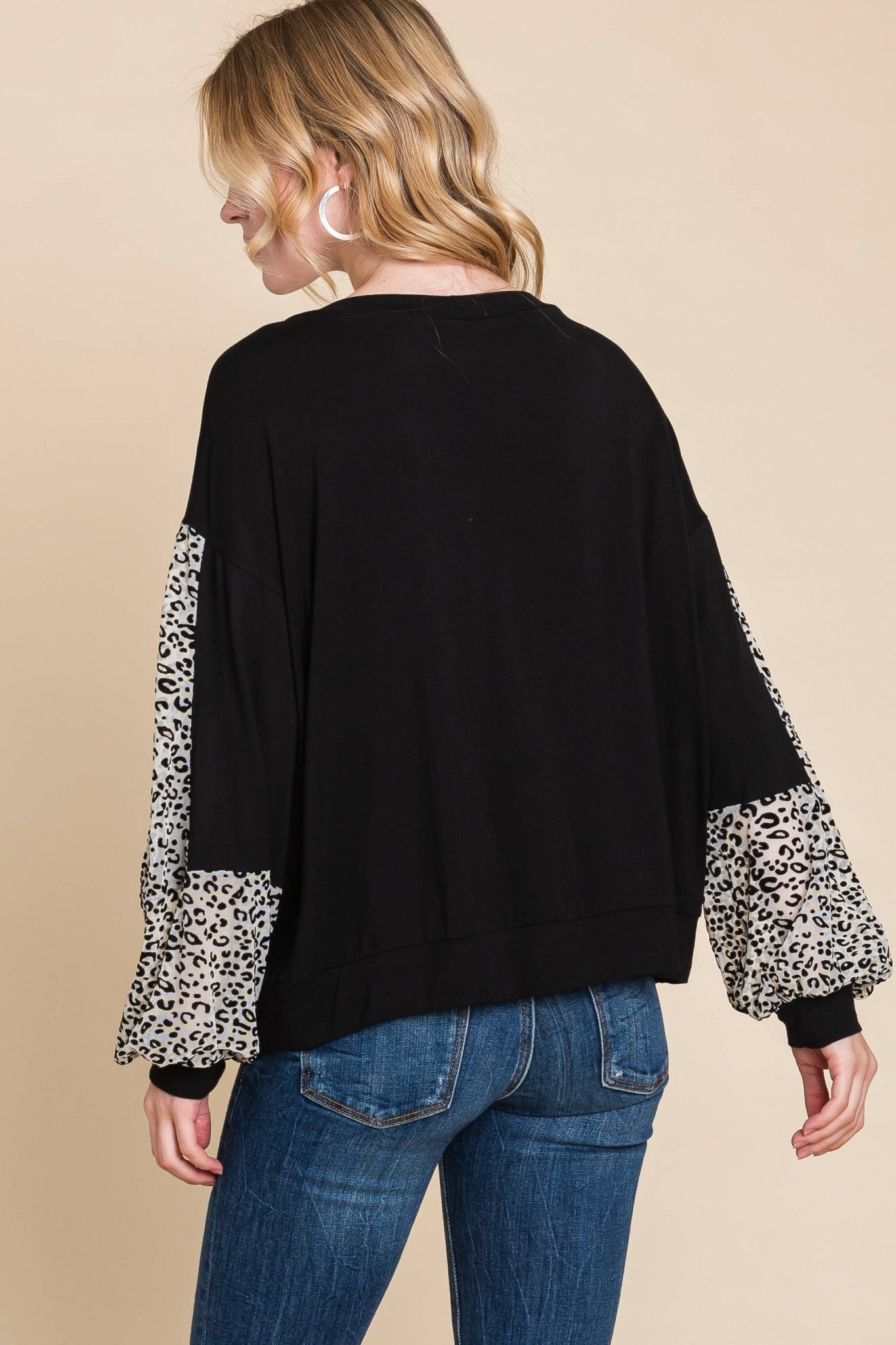 Animal Print Solid Jersey Casual Top: Black/Ivory