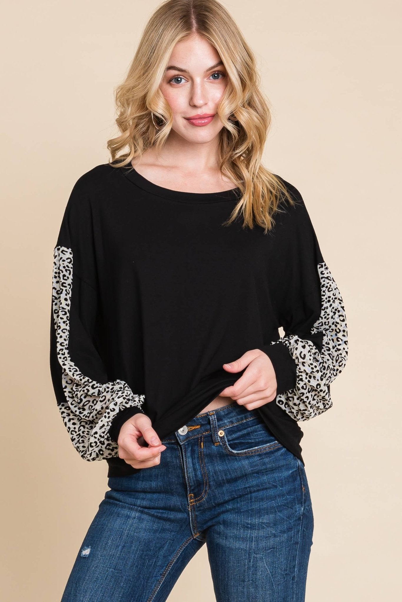 Animal Print Solid Jersey Casual Top: Black/Ivory