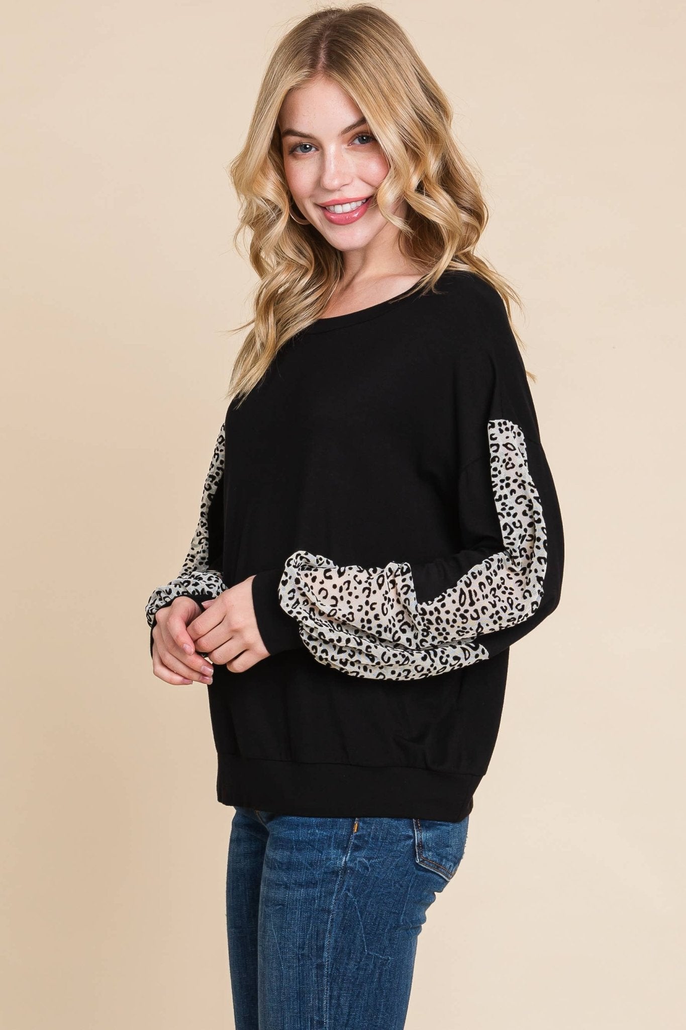Animal Print Solid Jersey Casual Top: Black/Ivory