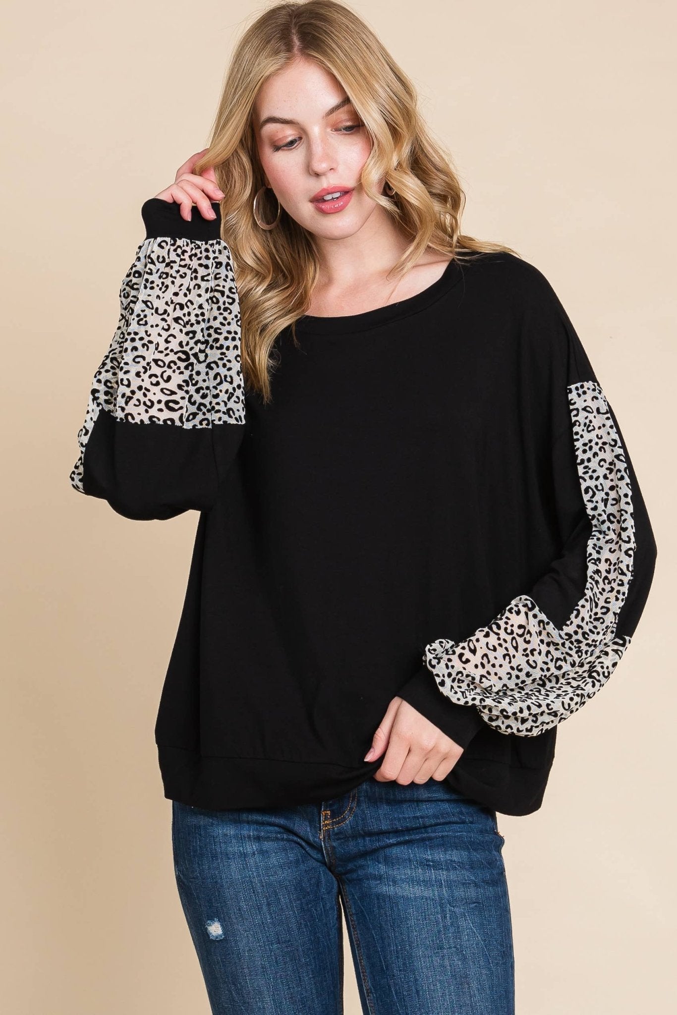 Animal Print Solid Jersey Casual Top: Black/Ivory