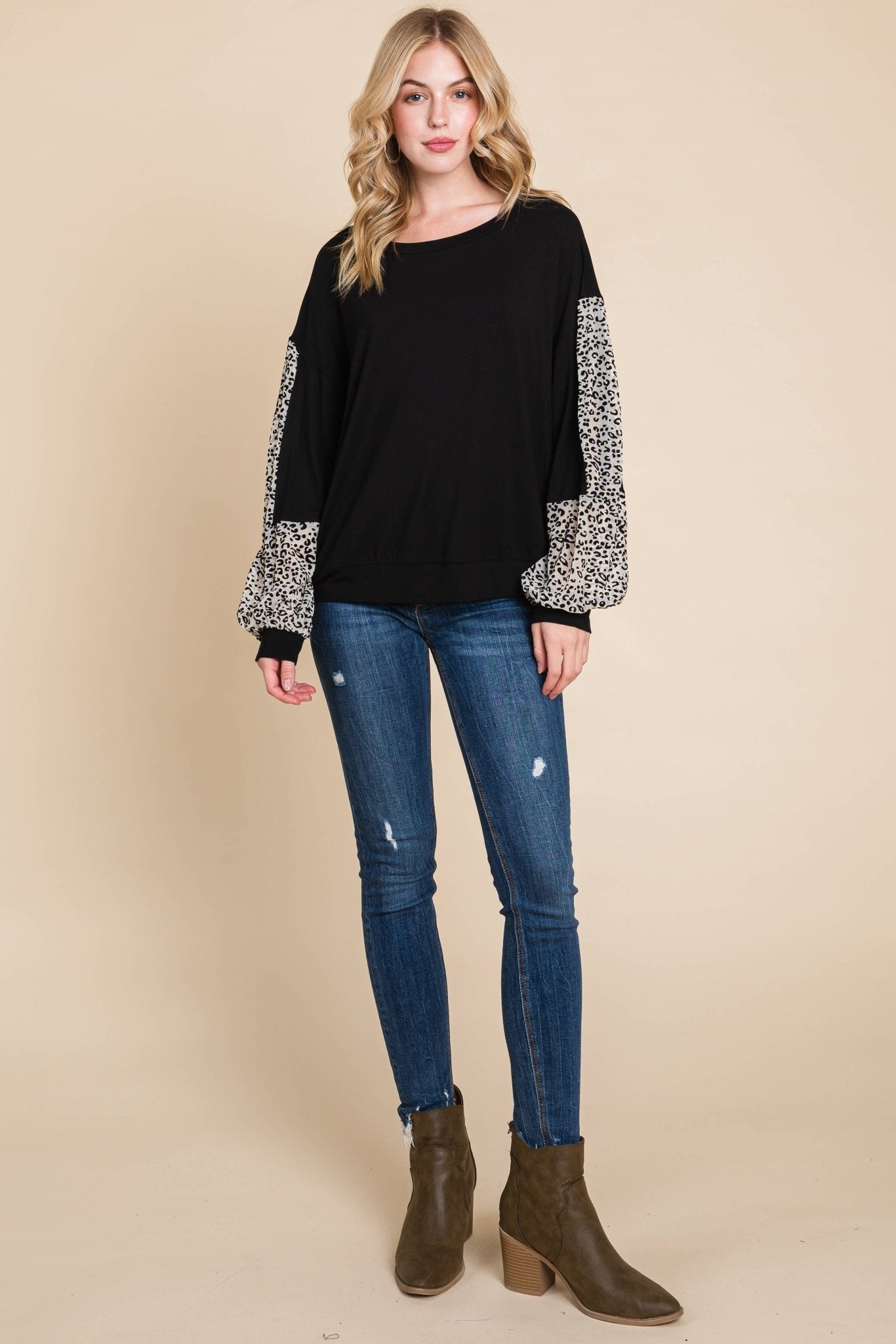Animal Print Solid Jersey Casual Top: Black/Ivory