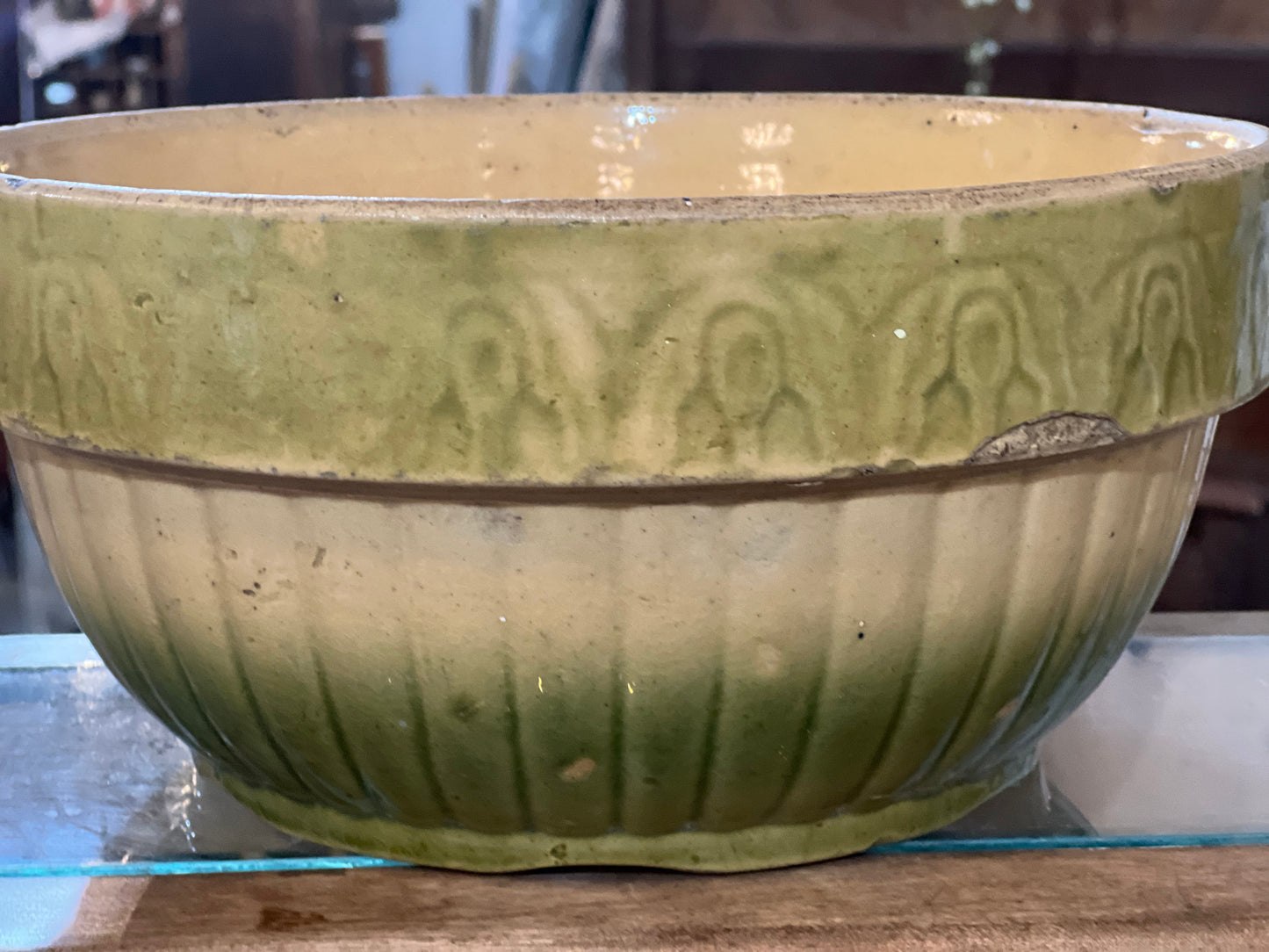 Antique 1800s Farmhouse Yellow Green ware Large Bowl