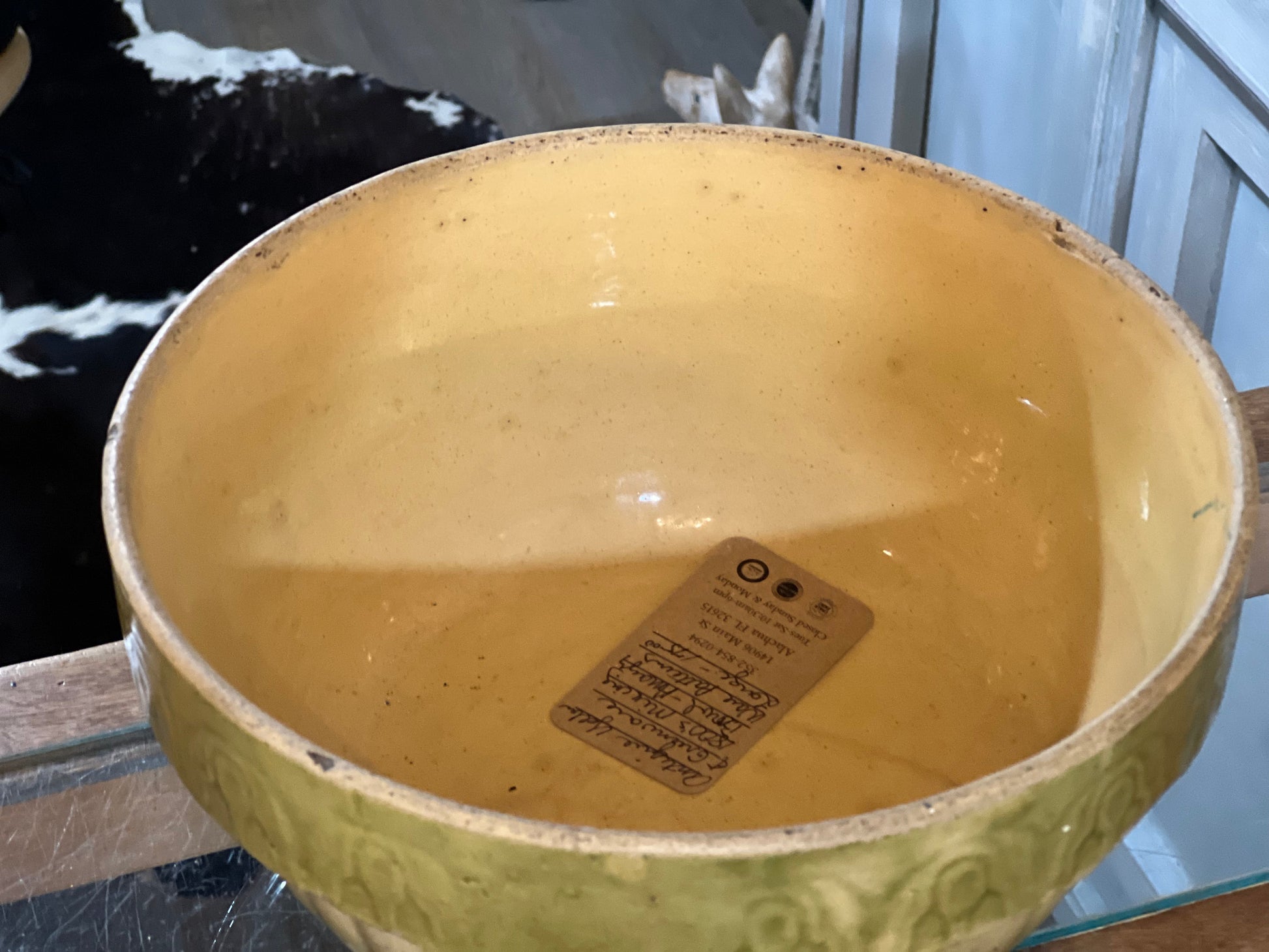 Antique 1800s Farmhouse Yellow Green ware Large Bowl