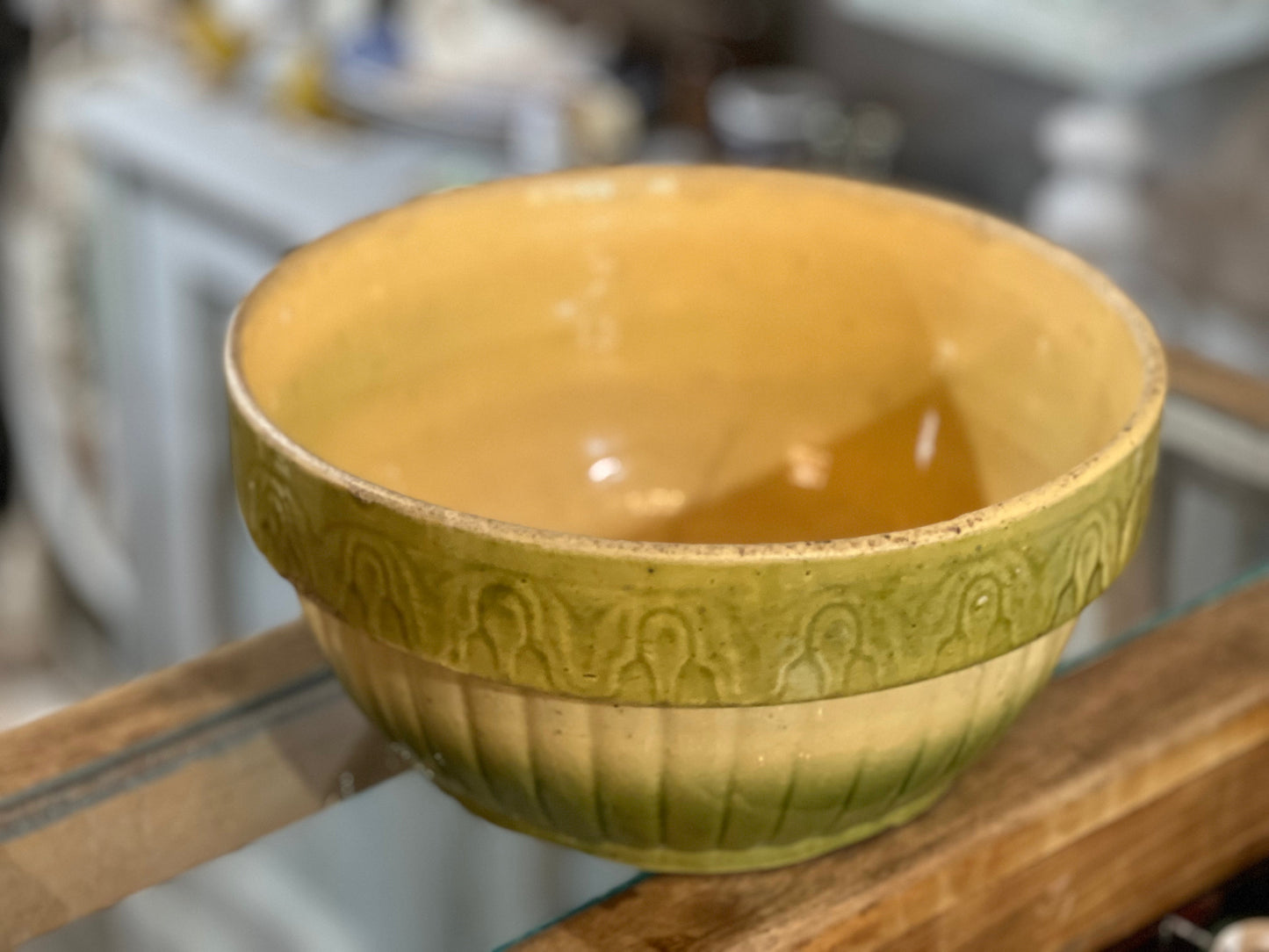 Antique 1800s Farmhouse Yellow Green ware Large Bowl
