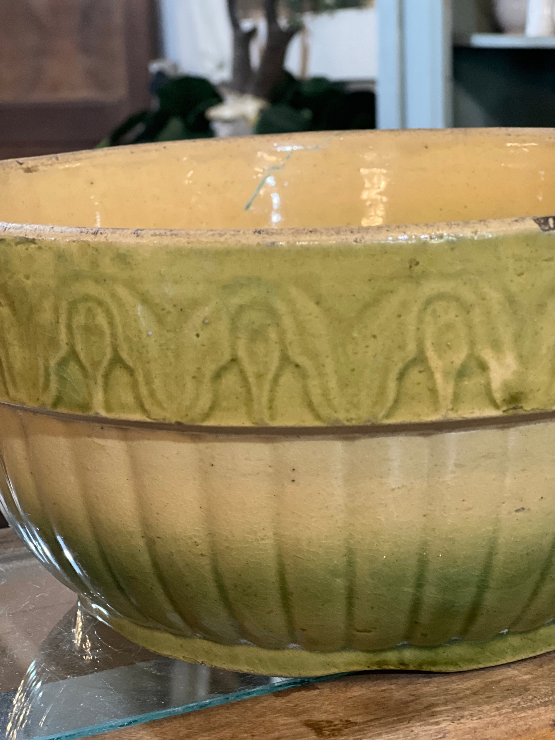 Antique 1800s Farmhouse Yellow Green ware Large Bowl