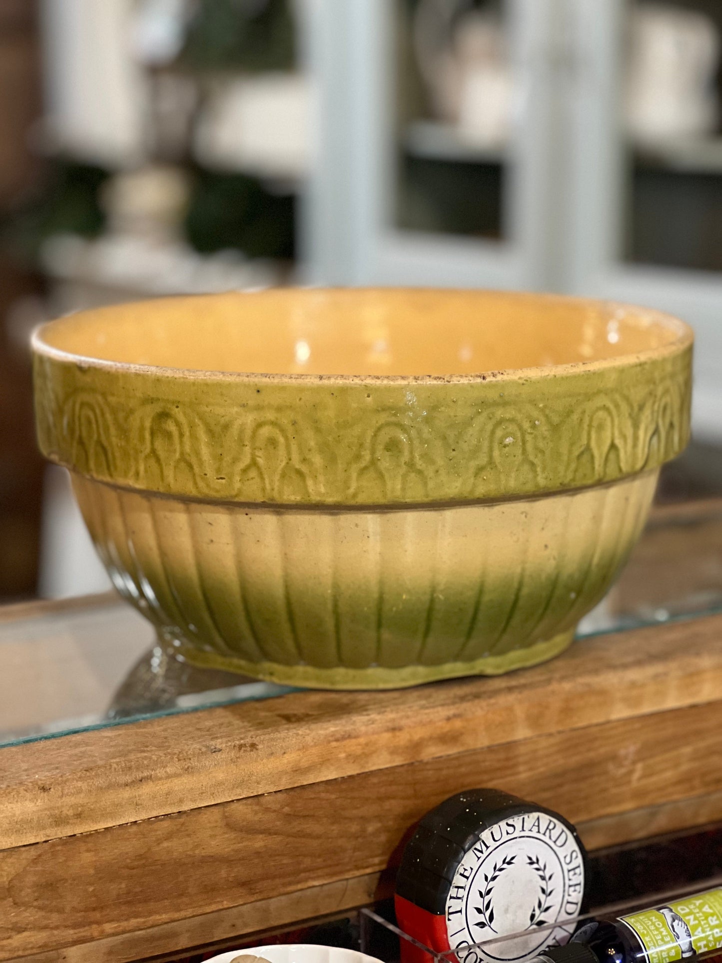 Antique 1800s Farmhouse Yellow Green ware Large Bowl