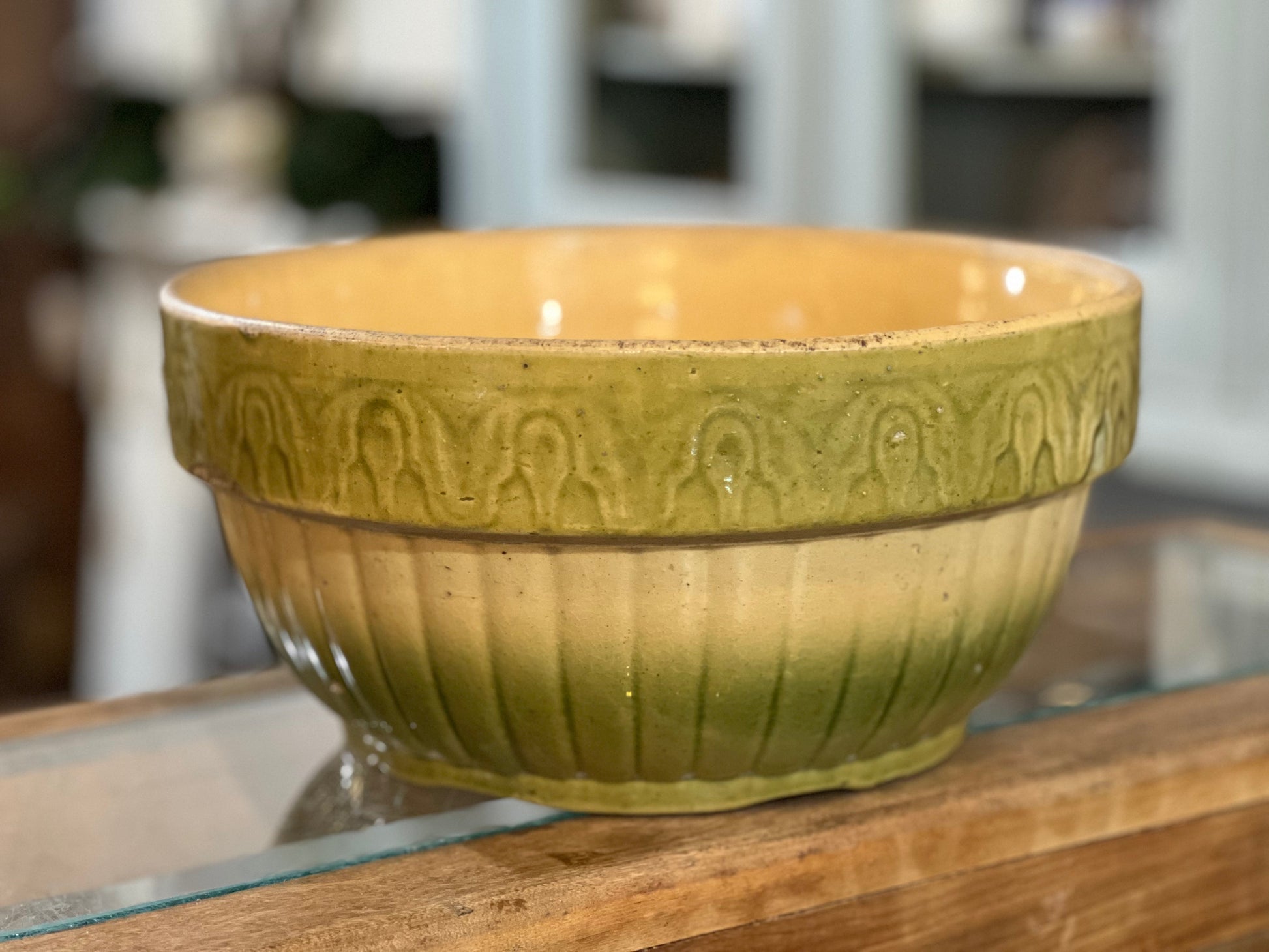 Antique 1800s Farmhouse Yellow Green ware Large Bowl