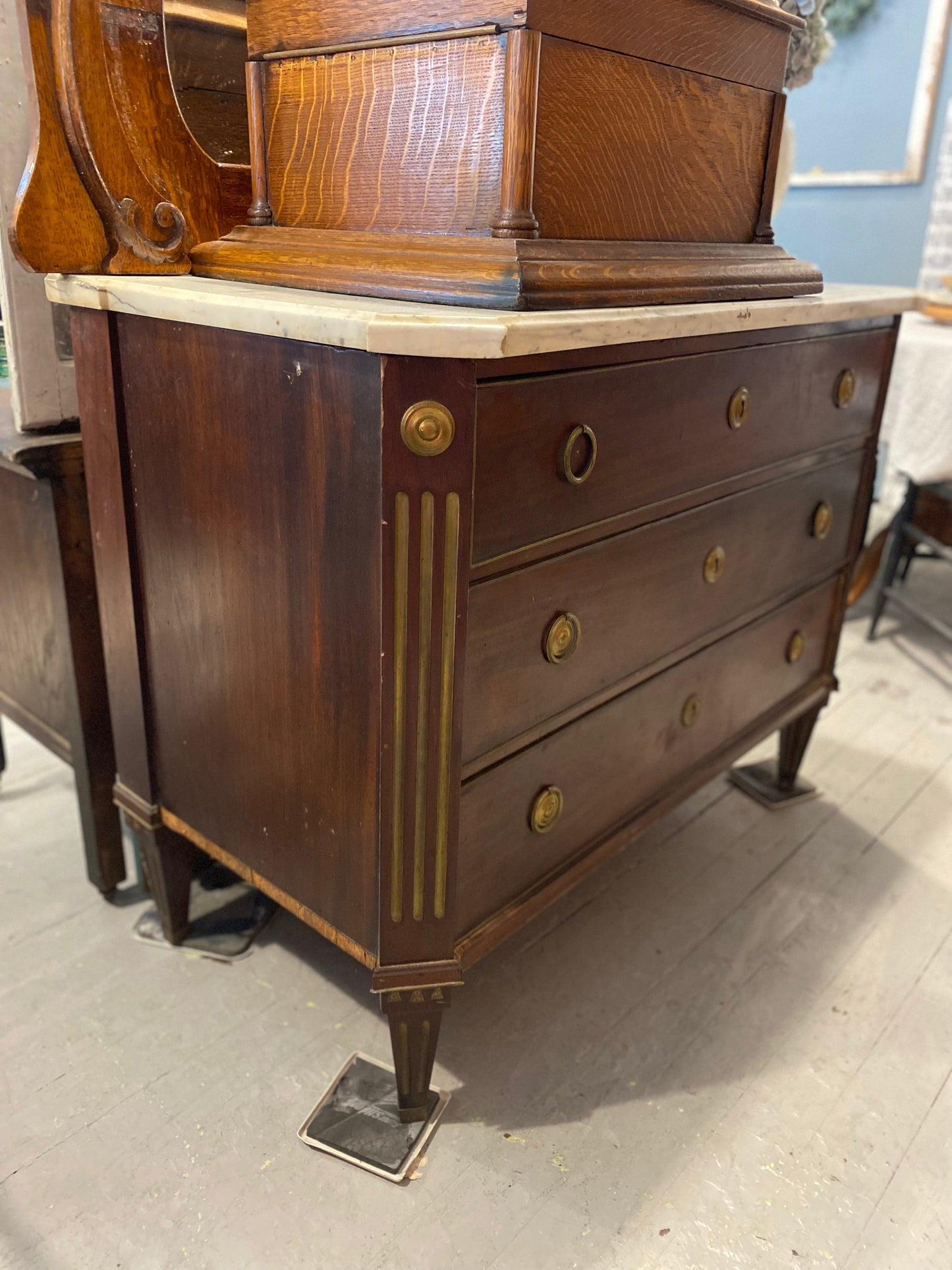 Antique 1890's Marble Top Dresser with Brass Overlay Knobs and Embellishments