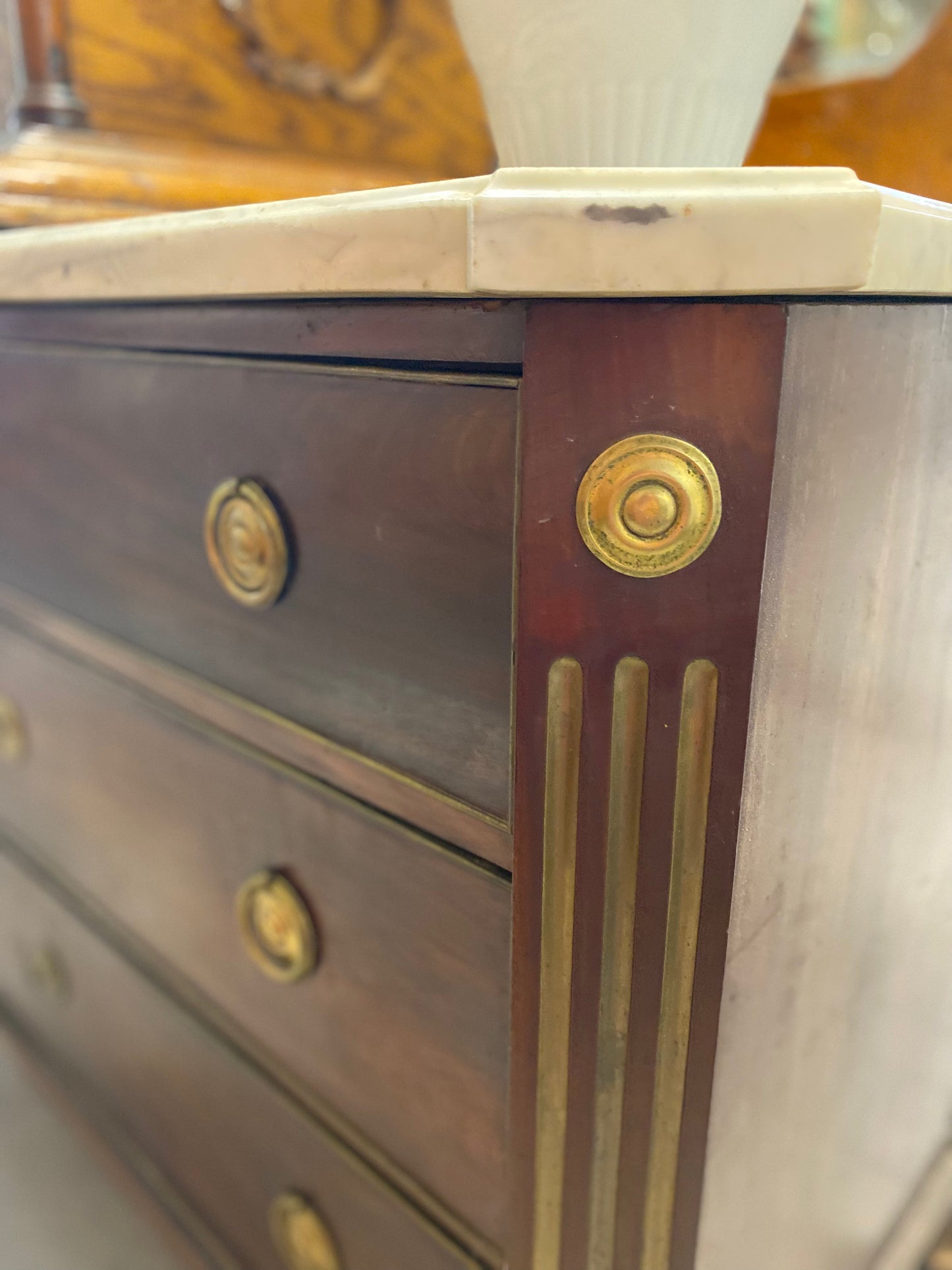Antique 1890's Marble Top Dresser with Brass Overlay Knobs and Embellishments
