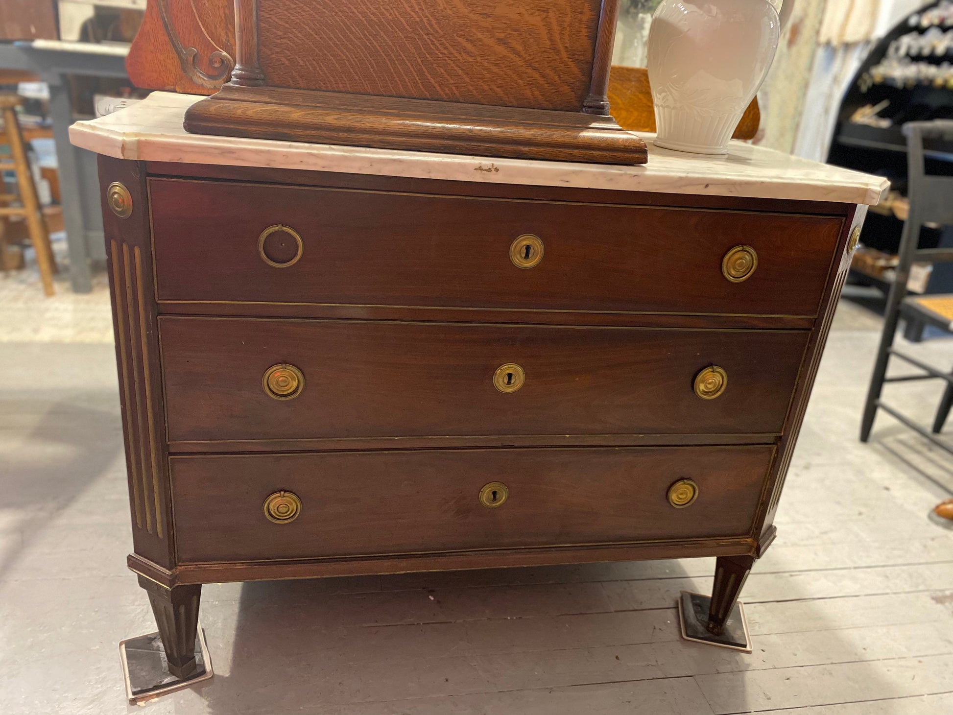 Antique 1890's Marble Top Dresser with Brass Overlay Knobs and Embellishments