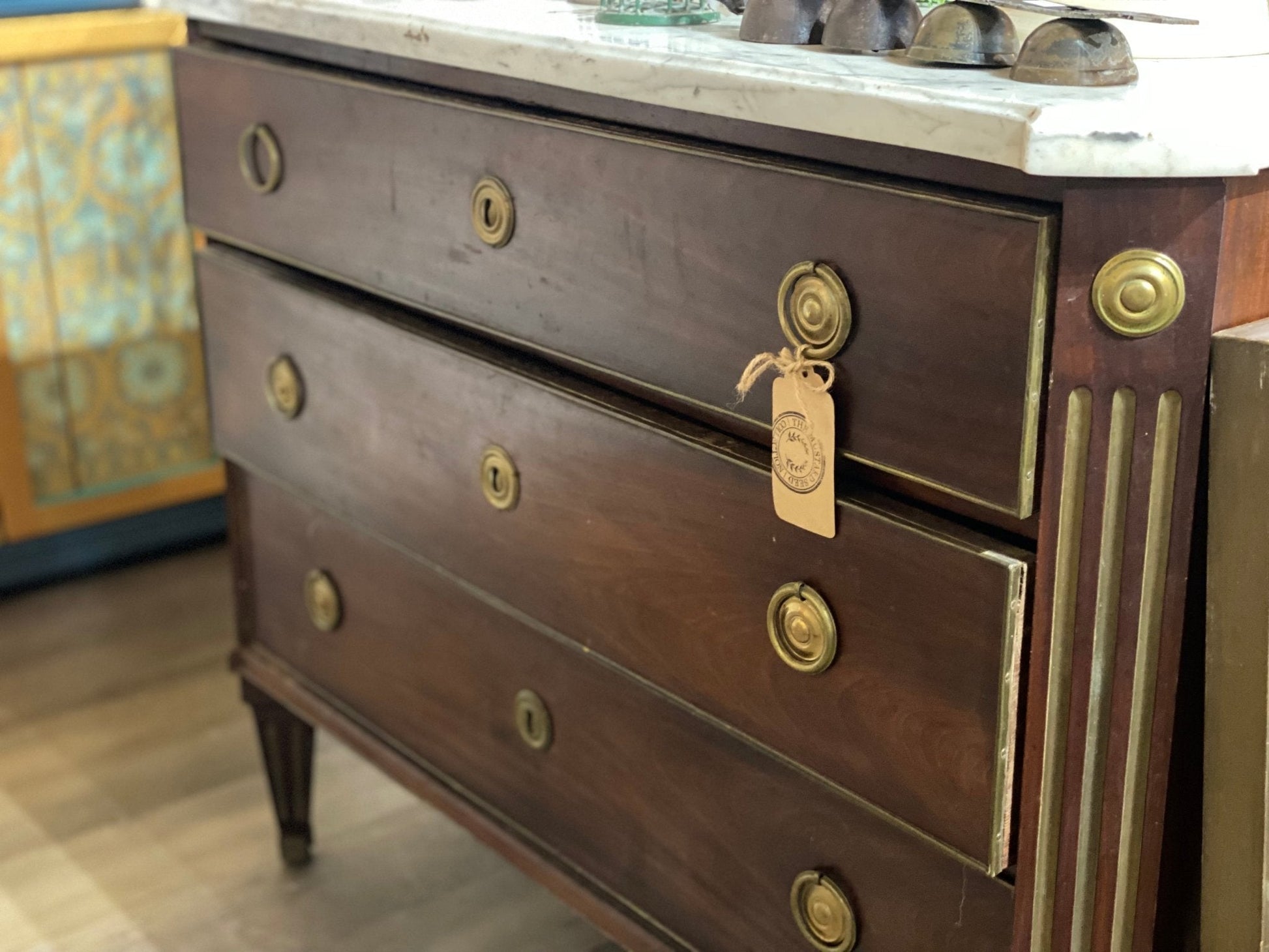 Antique 1890's Marble Top Dresser with Brass Overlay Knobs and Embellishments - The Mustard Seed Collection, The Seed