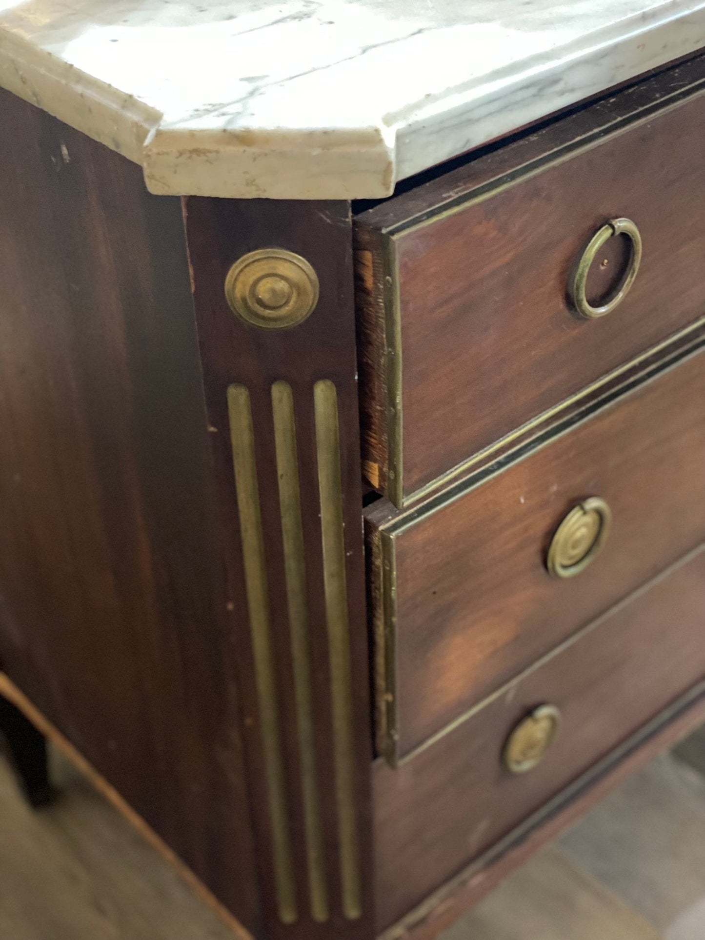 Antique 1890's Marble Top Dresser with Brass Overlay Knobs and Embellishments - The Mustard Seed Collection, The Seed