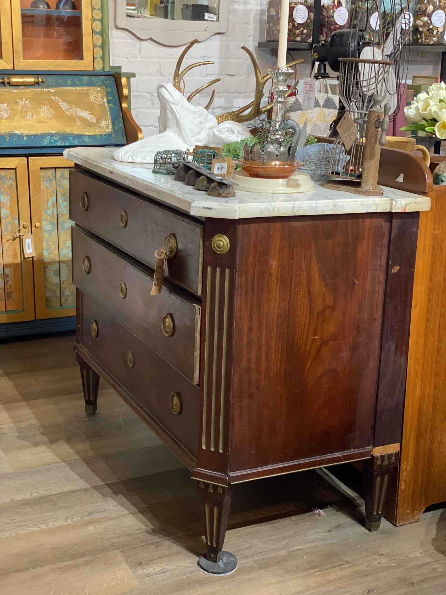 Antique 1890's Marble Top Dresser with Brass Overlay Knobs and Embellishments - The Mustard Seed Collection, The Seed