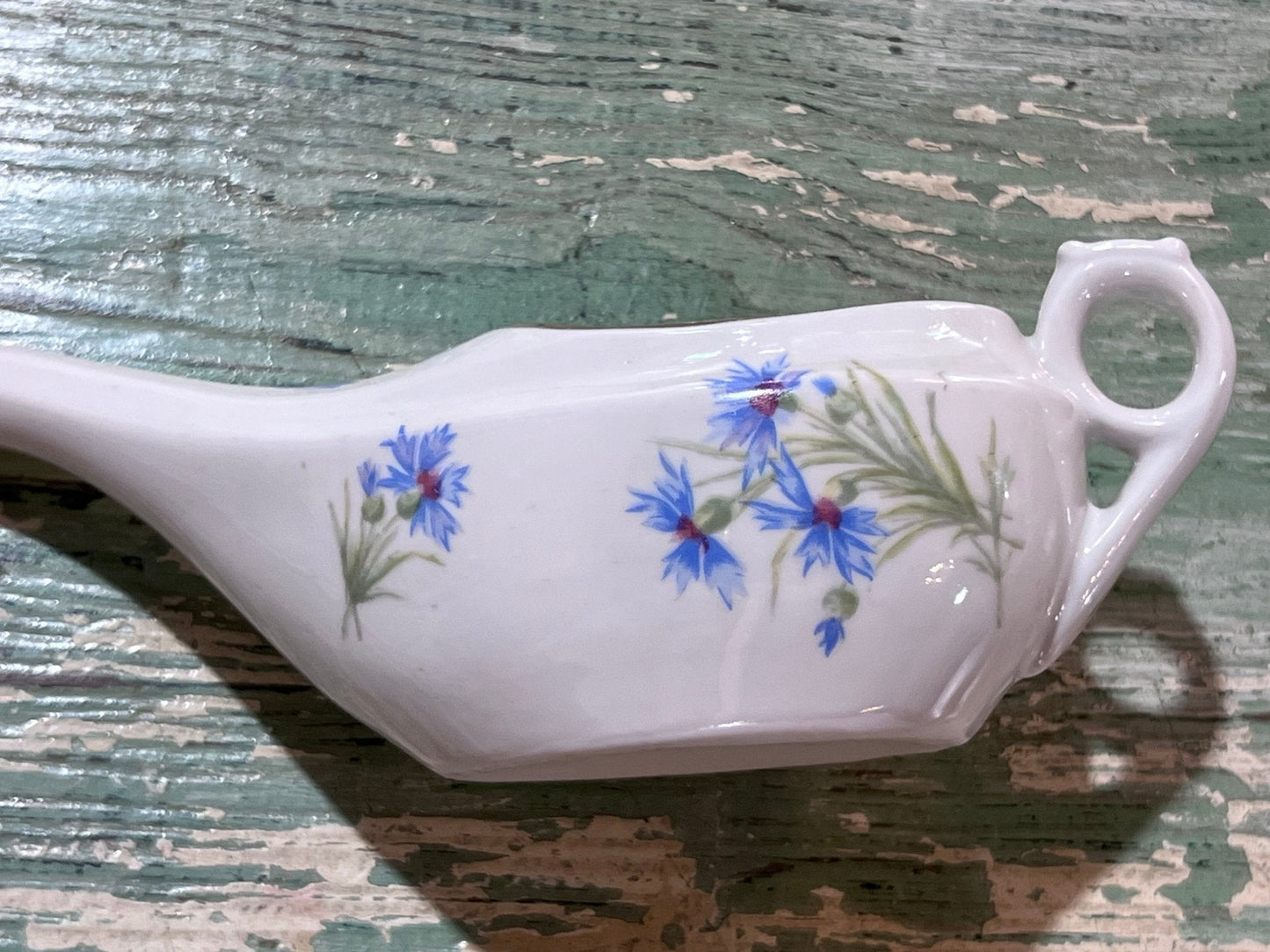 Antique Baby Invalid Feeder Cup Gold Rimmed Blue Green Florals Porcelain - The Mustard Seed Collection, The Seed