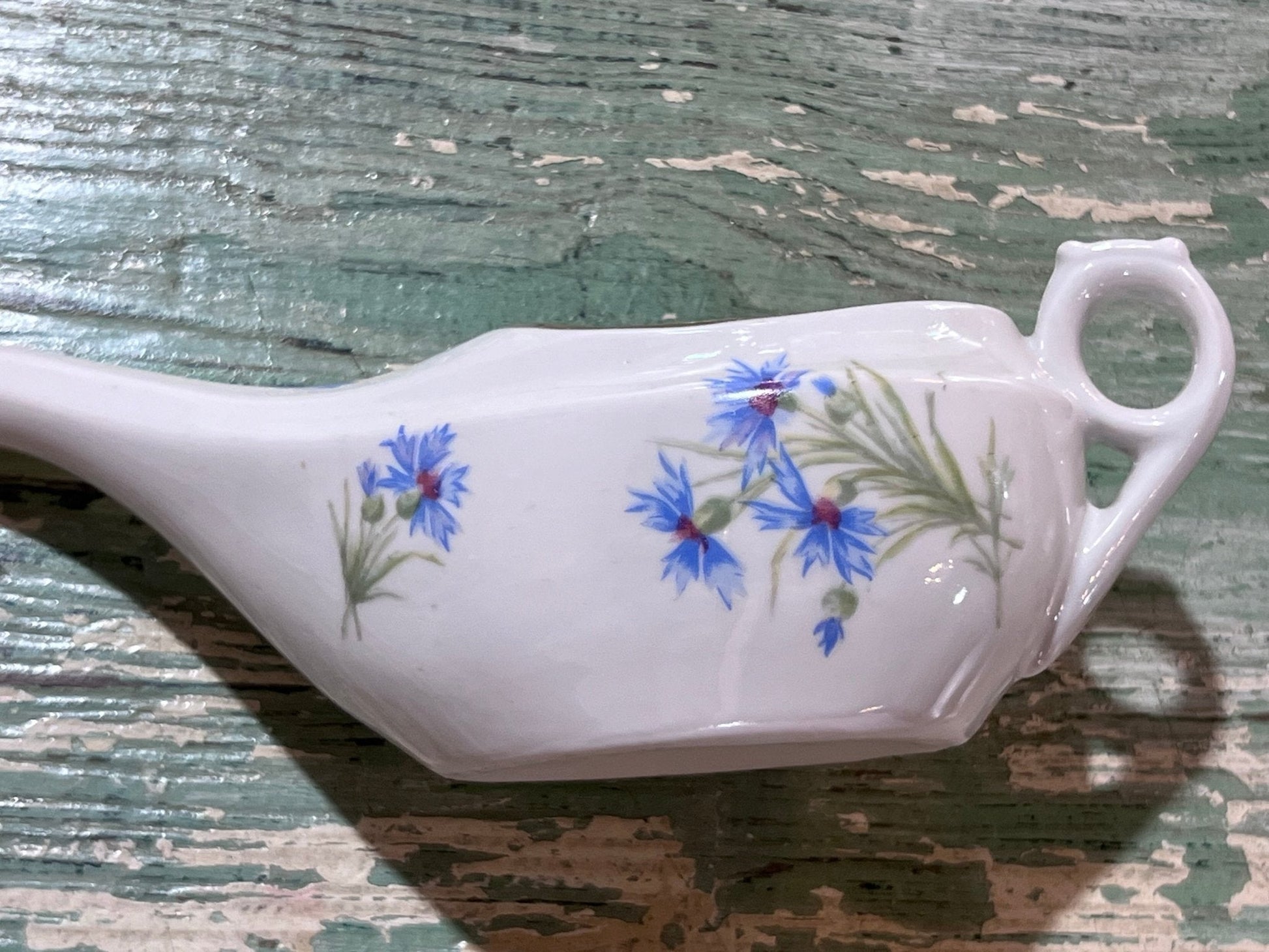 Antique Baby Invalid Feeder Cup Gold Rimmed Blue Green Florals Porcelain - The Mustard Seed Collection, The Seed