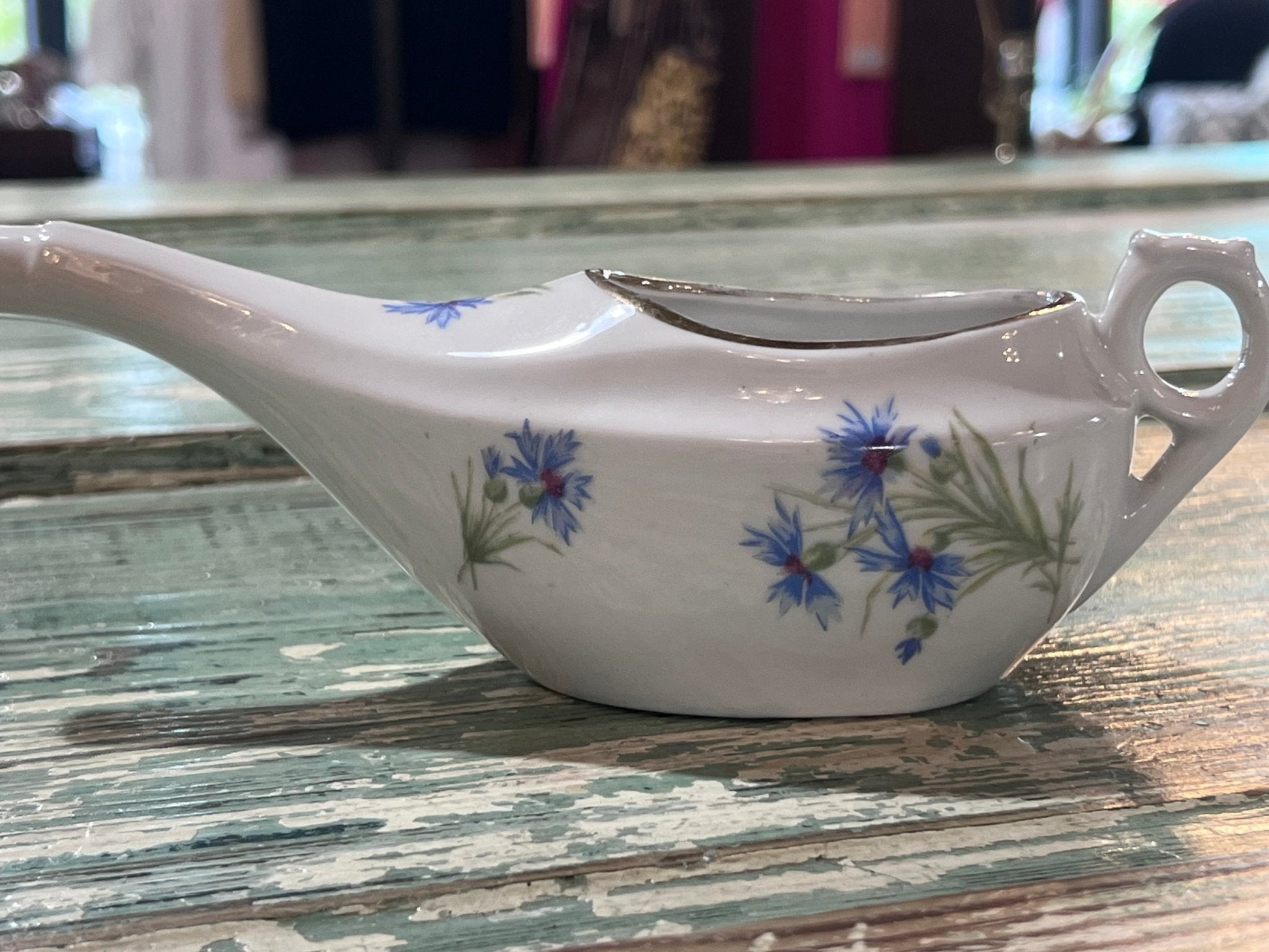 Antique Baby Invalid Feeder Cup Gold Rimmed Blue Green Florals Porcelain - The Mustard Seed Collection, The Seed