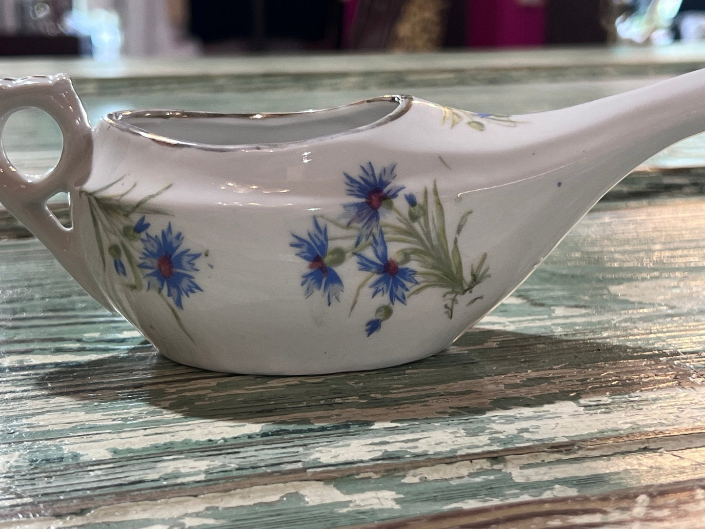 Antique Baby Invalid Feeder Cup Gold Rimmed Blue Green Florals Porcelain - The Mustard Seed Collection, The Seed
