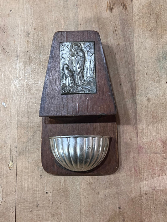 Antique Catholic Holy Water Font & Secret Bottle Holder – Our Lady of Lourdes Wood & Metal Wall Benitier, 6" x 3.25" - The Mustard Seed Collection, The Seed