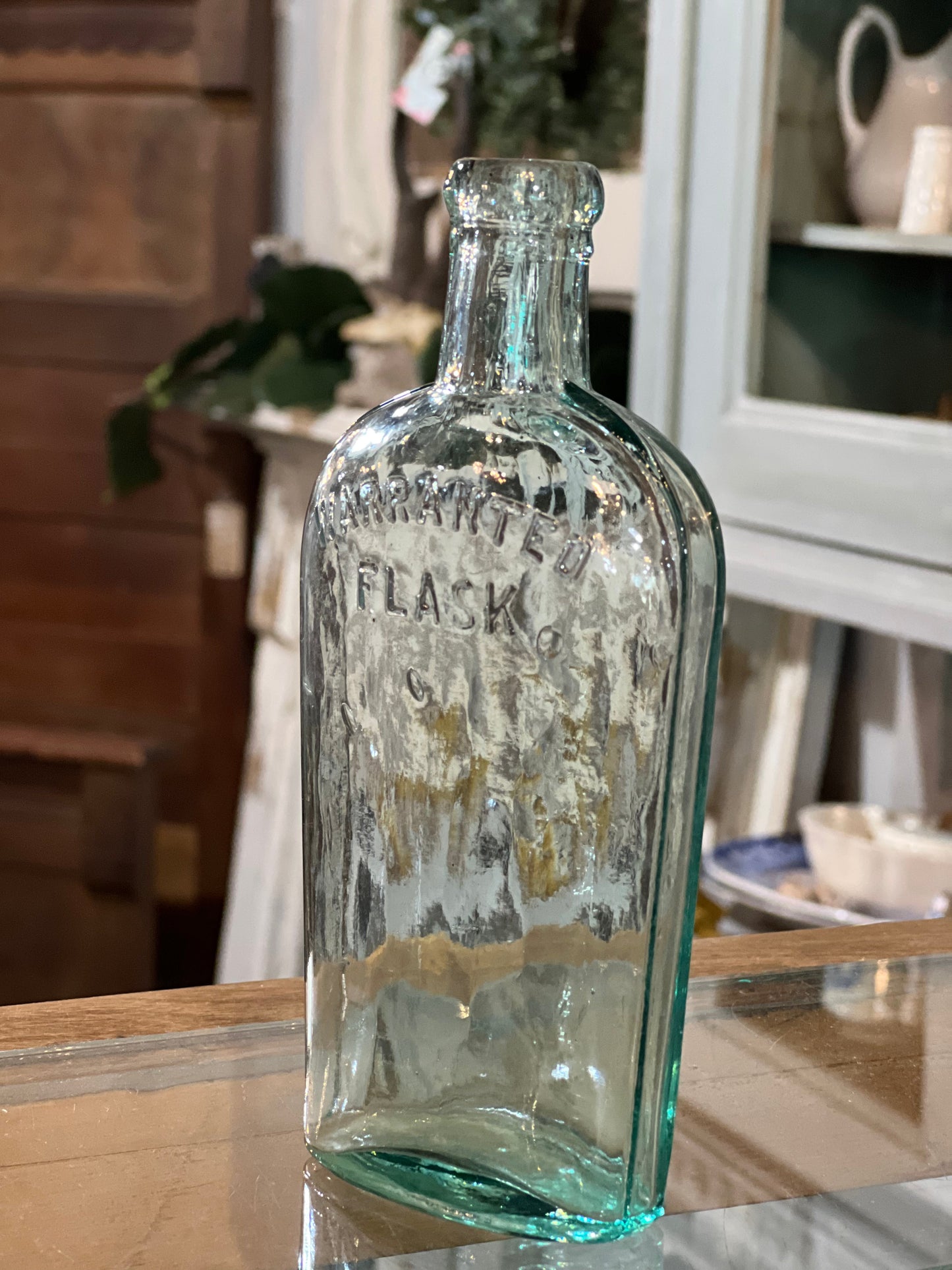 Antique Clear Green Glass Flask Bottle Warranted