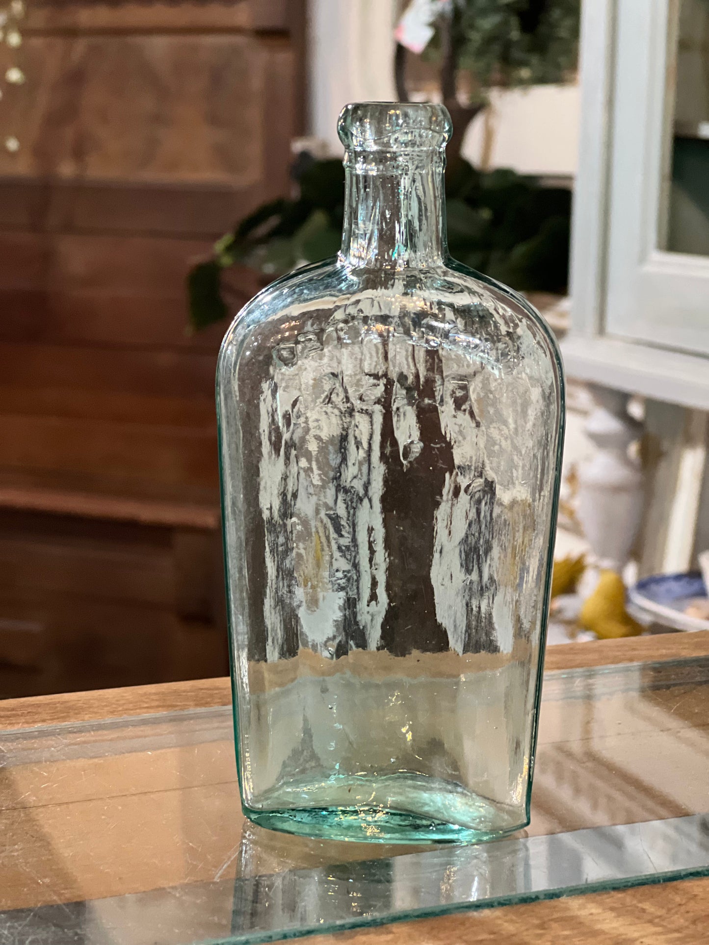 Antique Clear Green Glass Flask Bottle Warranted