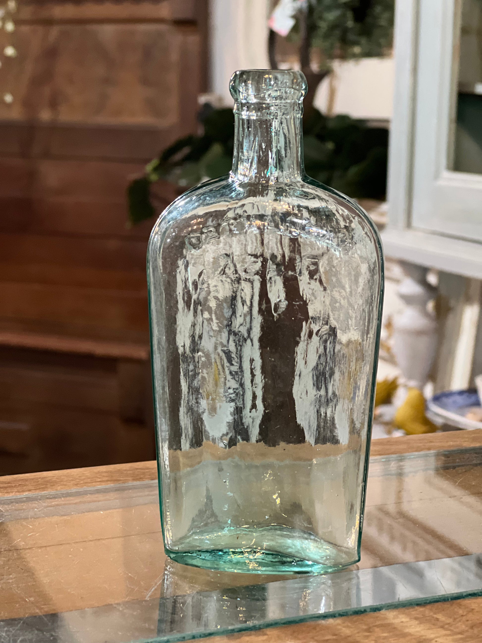 Antique Clear Green Glass Flask Bottle Warranted