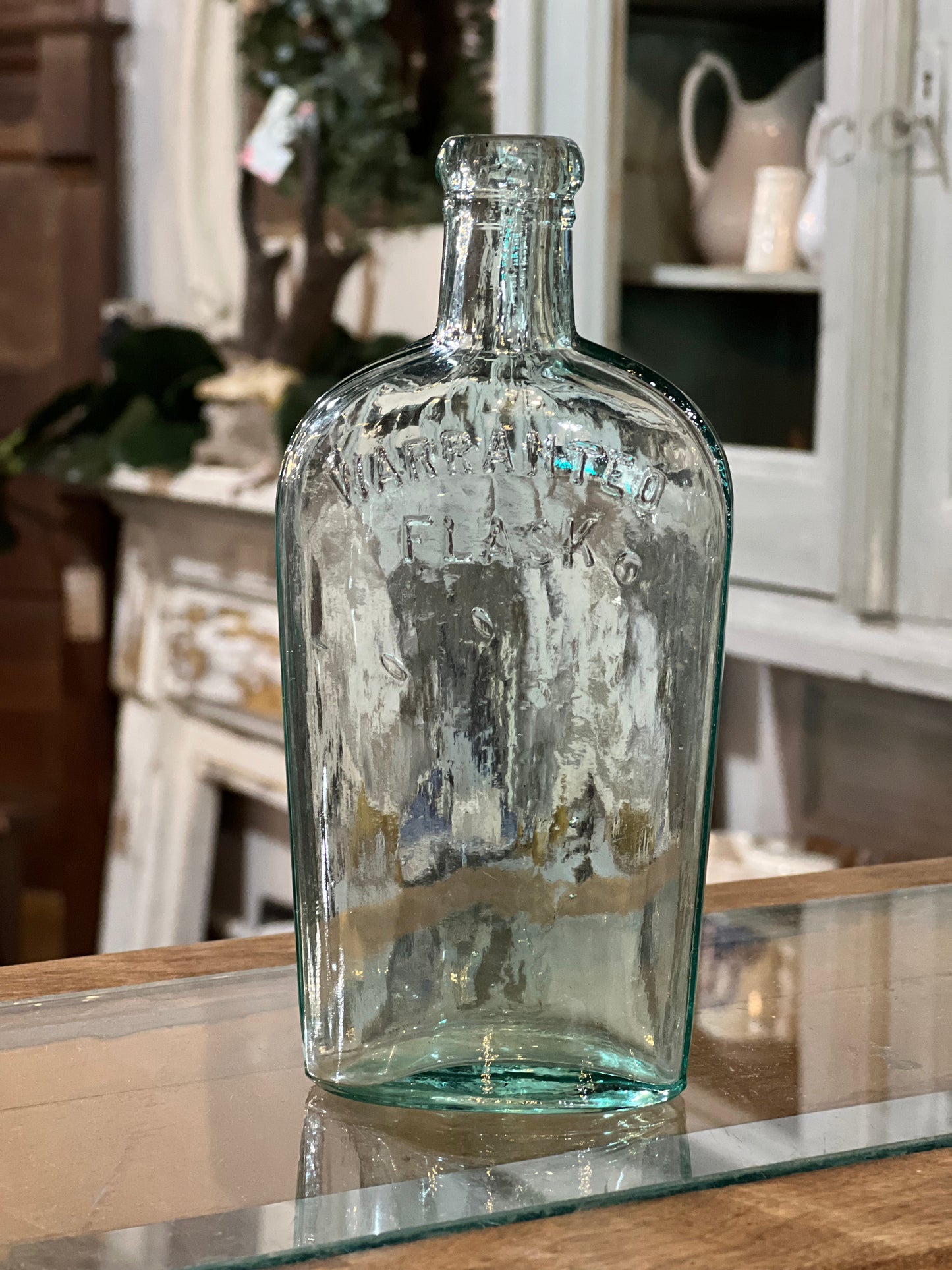 Antique Clear Green Glass Flask Bottle Warranted