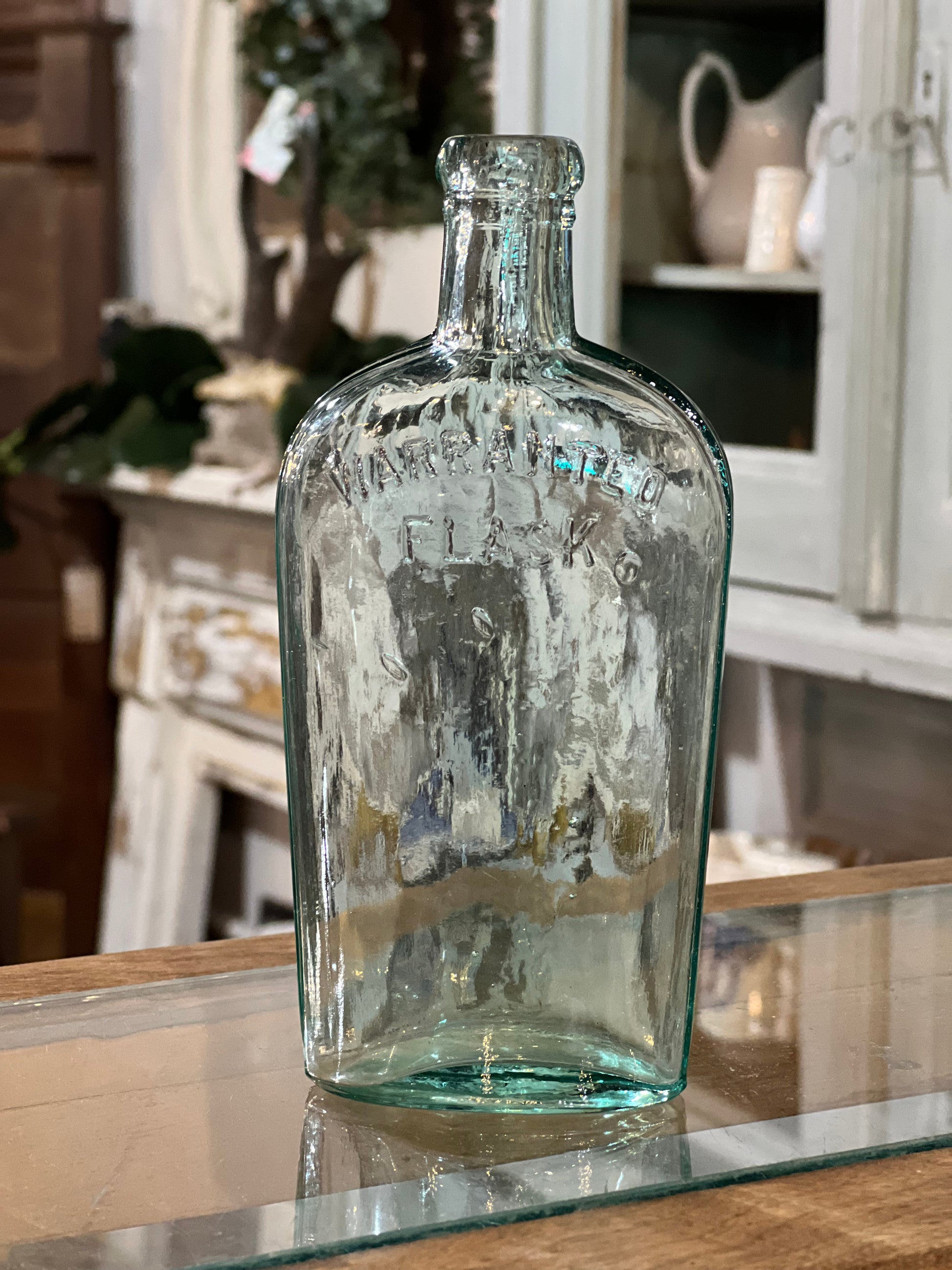Antique Clear Green Glass Flask Bottle Warranted