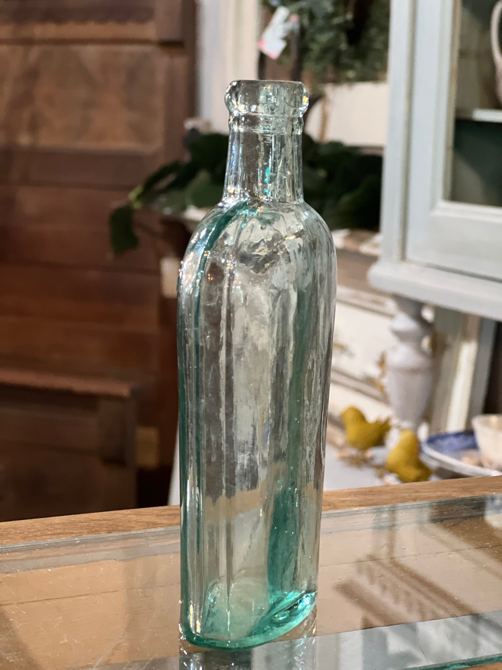 Antique Clear Green Glass Flask Bottle Warranted