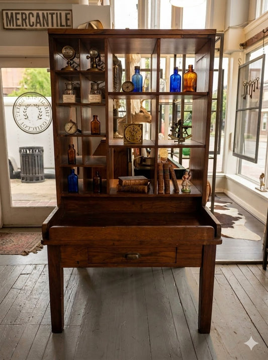 Antique Early 1900s Tiger Oak Postal Hutch Desk - 40" x 40" Statement Piece - The Mustard Seed Collection, The Seed