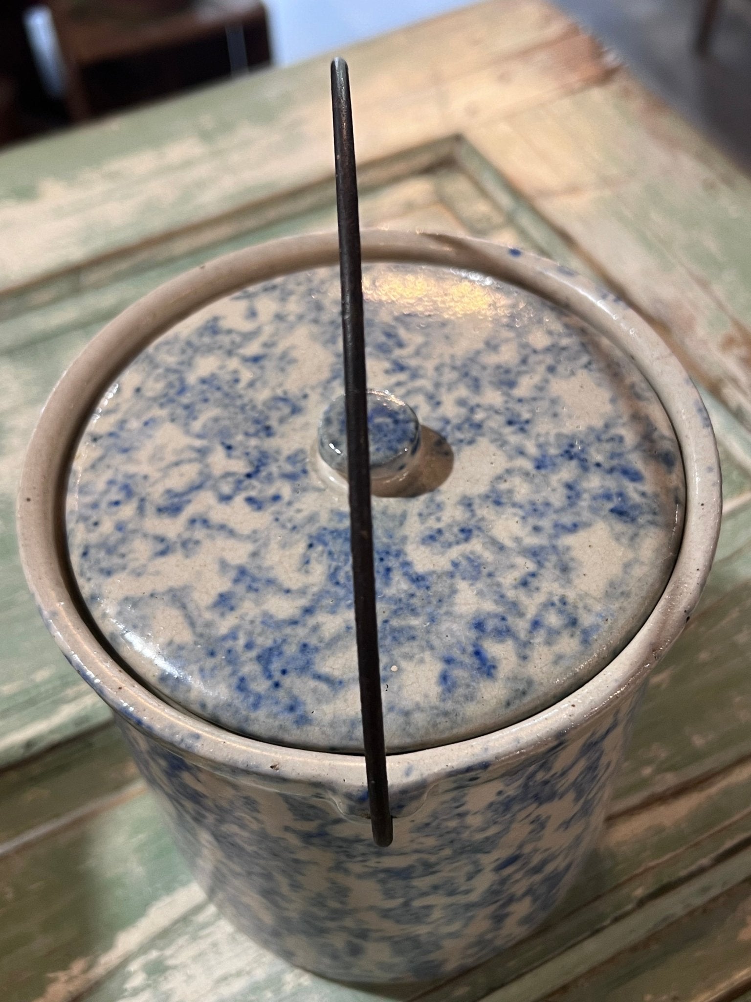 Antique Early Tall Blue White Spongeware Butter Pantry Crock w lid and handle