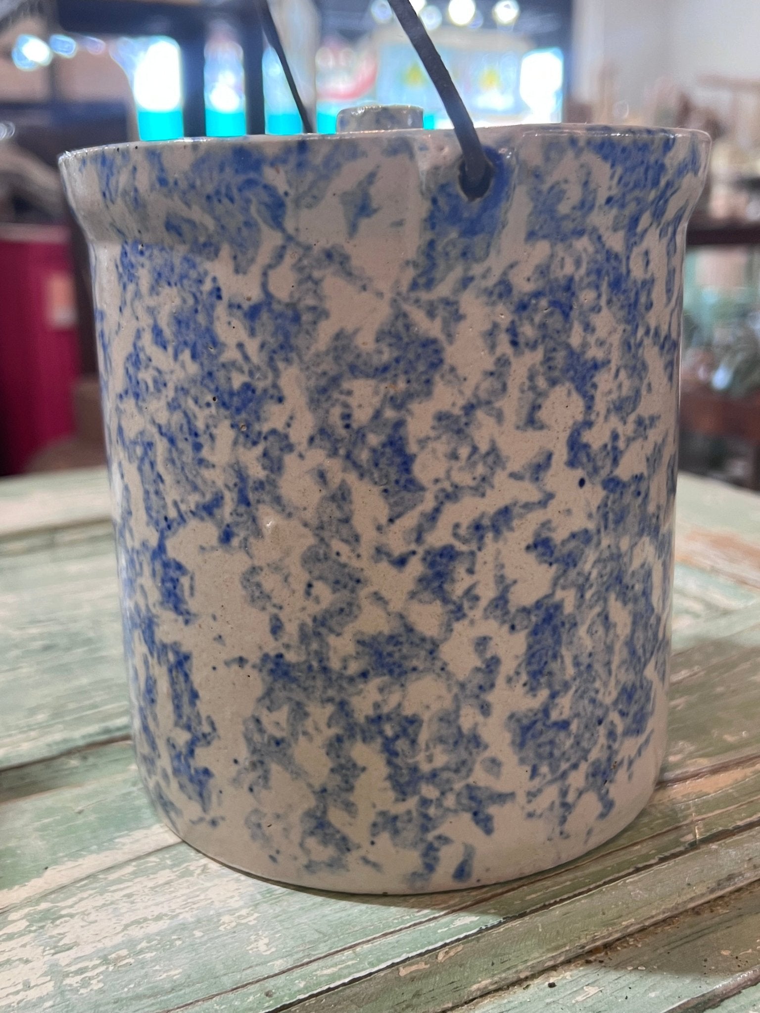 Antique Early Tall Blue White Spongeware Butter Pantry Crock w lid and handle