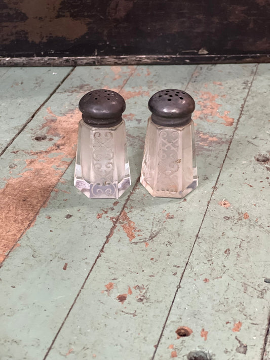 Antique Heisey Cut Glass Salt & Pepper Shakers with Sterling Tops – 2" 
