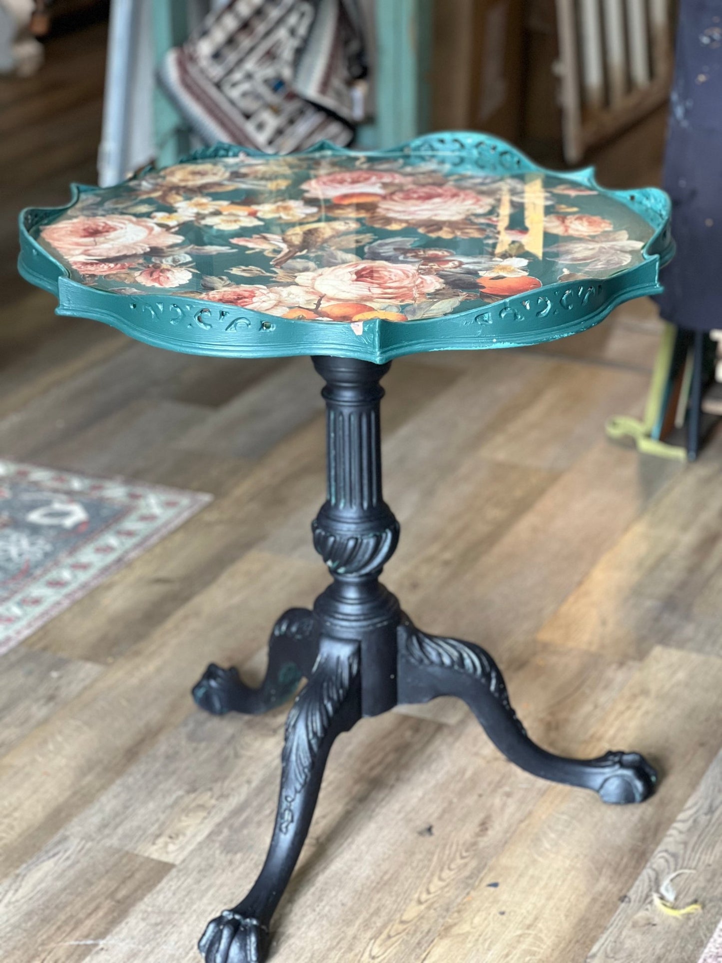 Antique Pie-Crust Tea Table in Athenian Black, Knights Bridge, & IOD Joie des Roses - The Mustard Seed Collection, The Seed