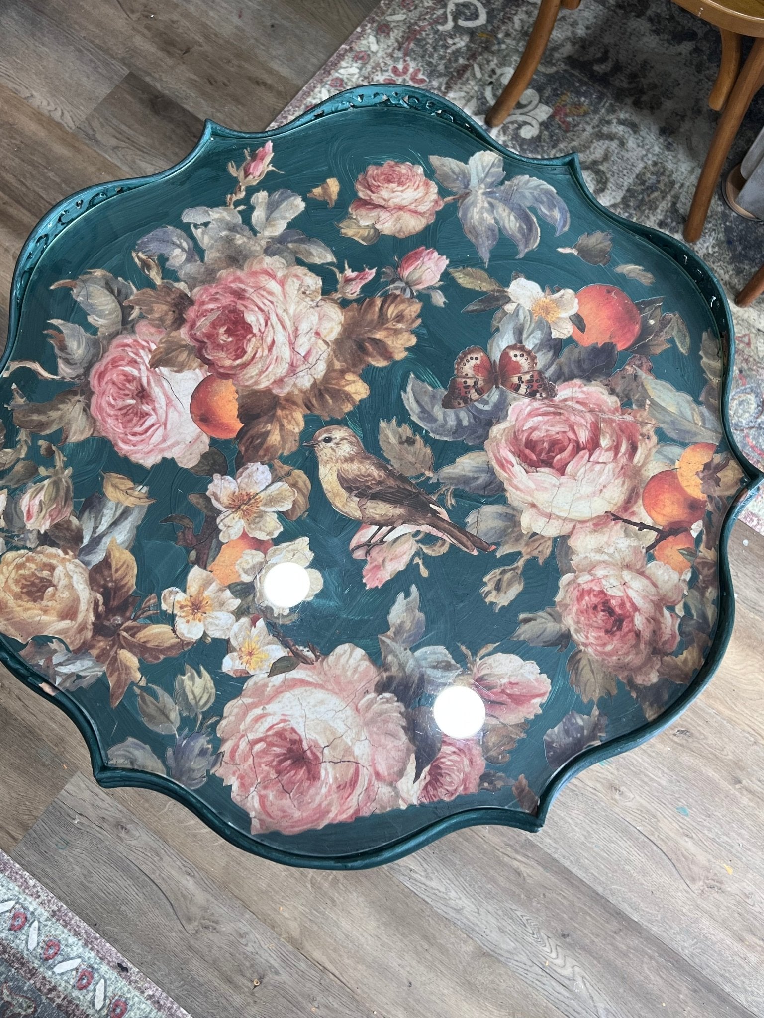 Antique Pie-Crust Tea Table in Athenian Black, Knights Bridge, & IOD Joie des Roses - The Mustard Seed Collection, The Seed