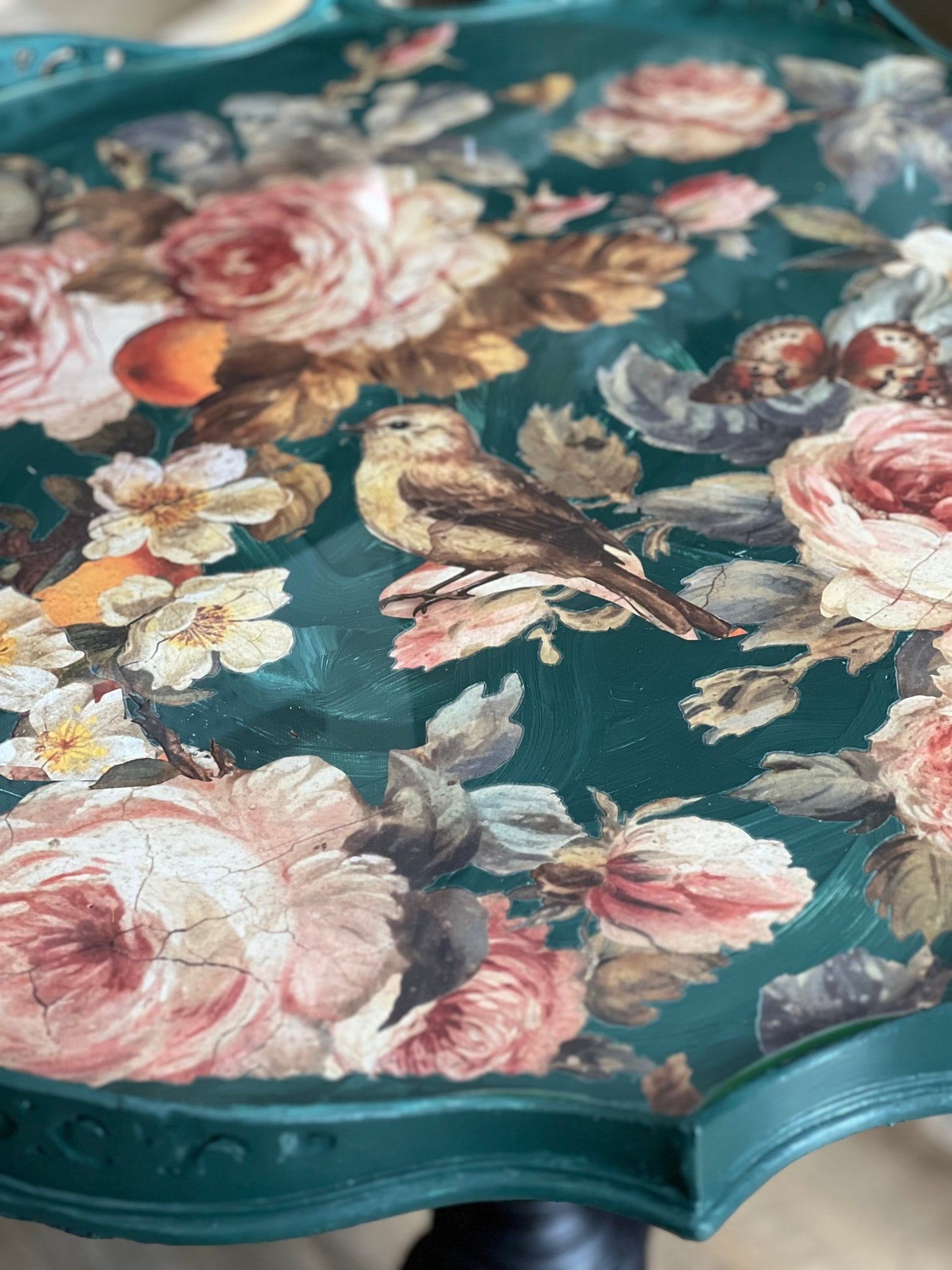 Antique Pie-Crust Tea Table in Athenian Black, Knights Bridge, & IOD Joie des Roses - The Mustard Seed Collection, The Seed