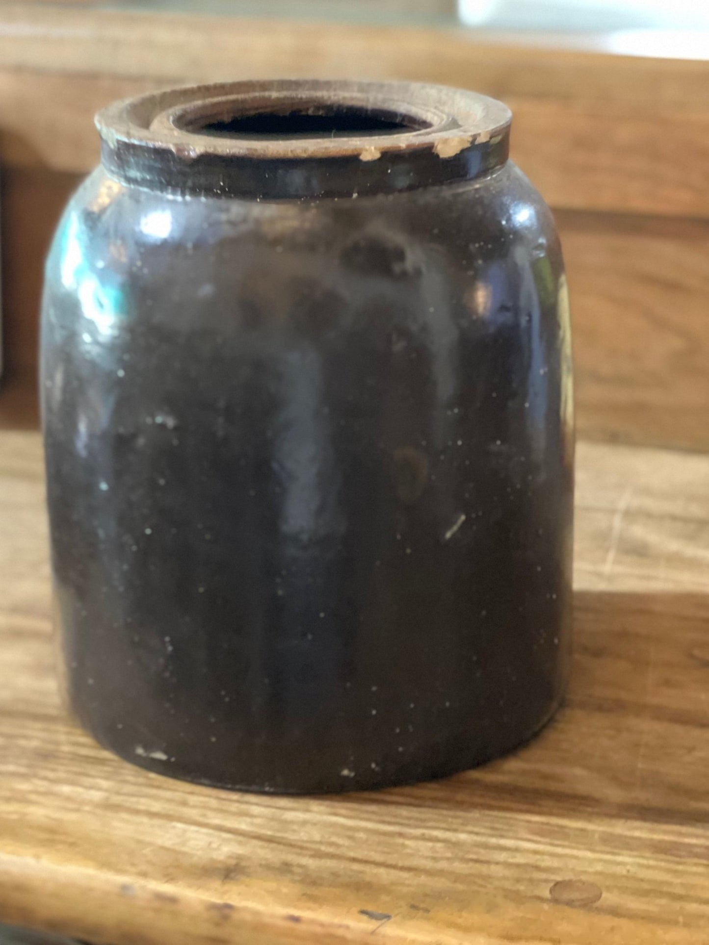 Antique Primitive Brown Stoneware Crock Jar – Vintage Glazed Albany Slip Preserves Pot (7" x 6") - The Mustard Seed Collection, The Seed