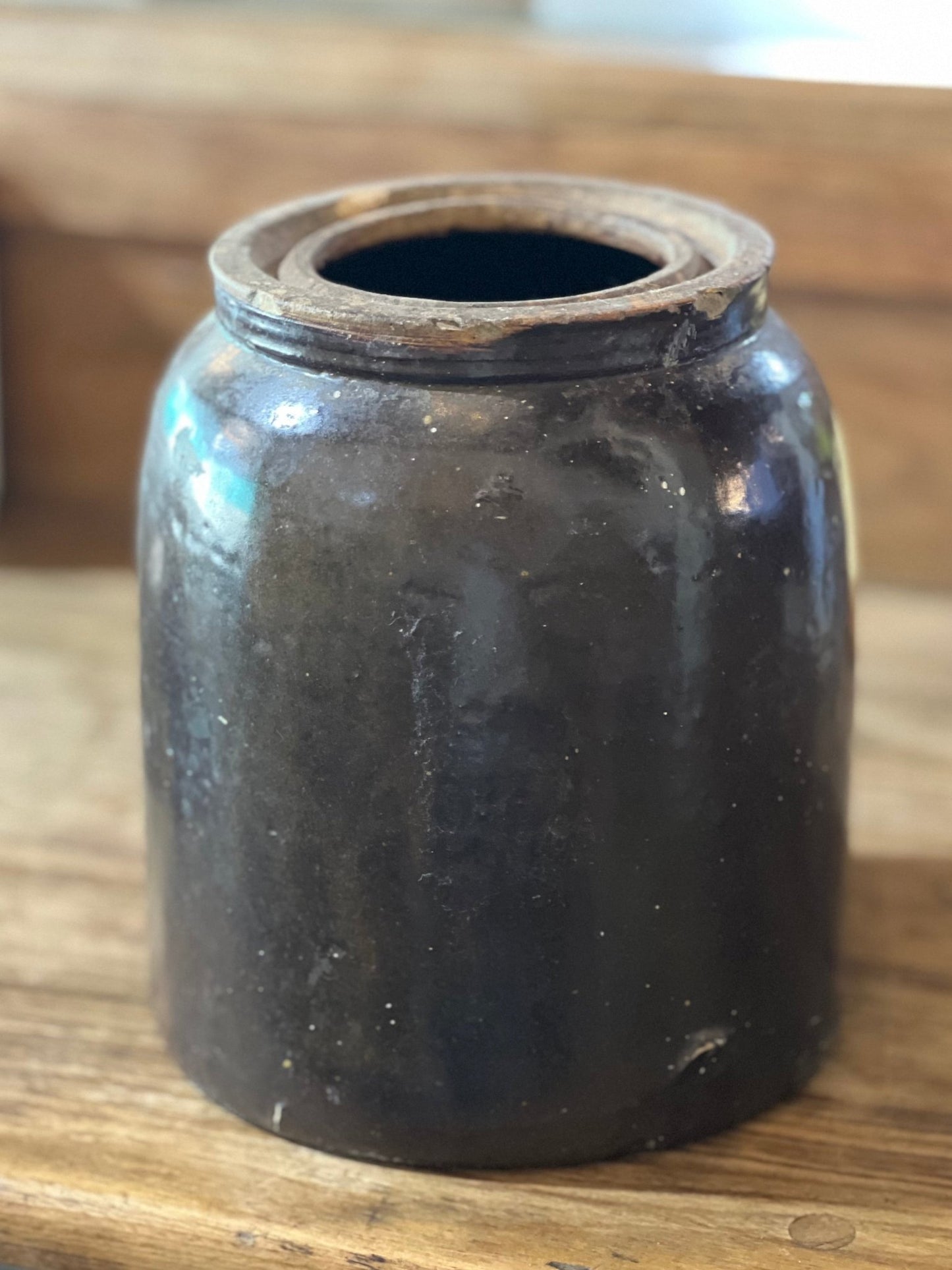 Antique Primitive Brown Stoneware Crock Jar – Vintage Glazed Albany Slip Preserves Pot (7" x 6") - The Mustard Seed Collection, The Seed