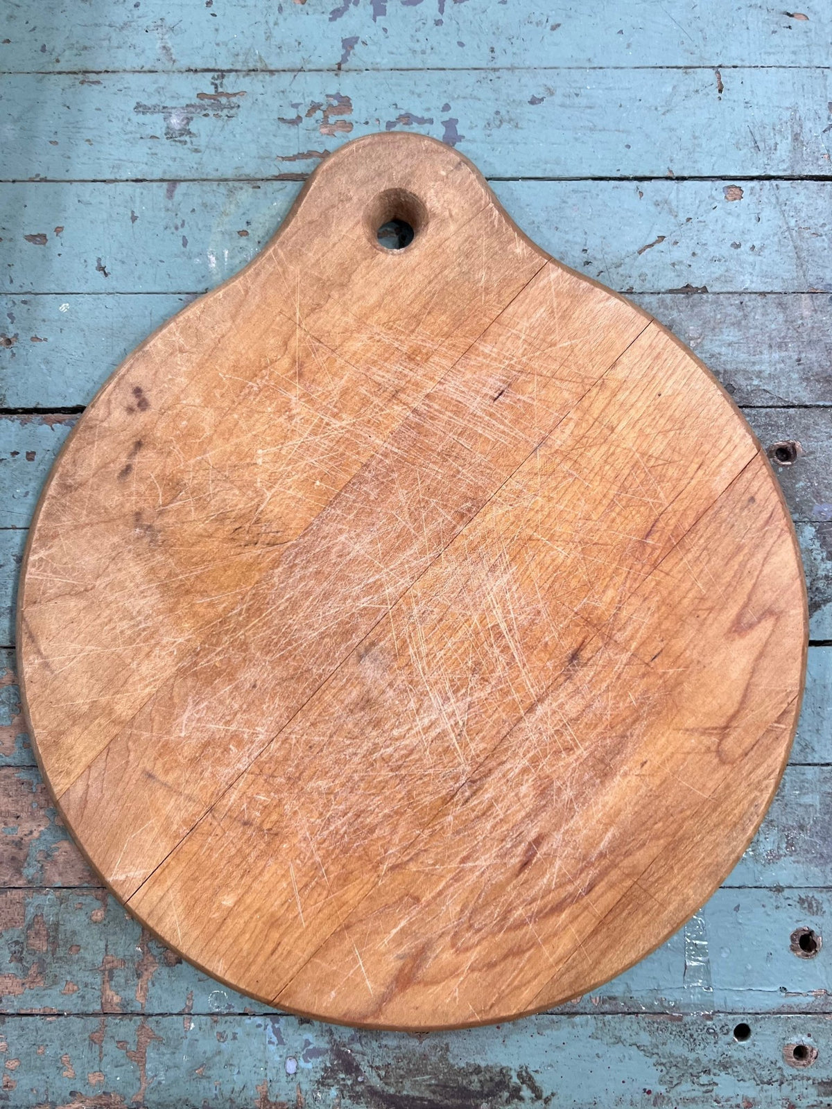 Antique Round Wooden Bread Board with Hanging Tab Handle (11" x 12")cutting board