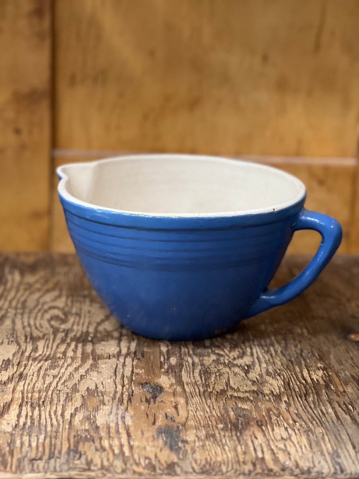 Antique Uhl Pottery Co. Egyptian Blue Batter Bowl with Spout &amp; Handle - No. 38 - The Mustard Seed Collection, The Seed