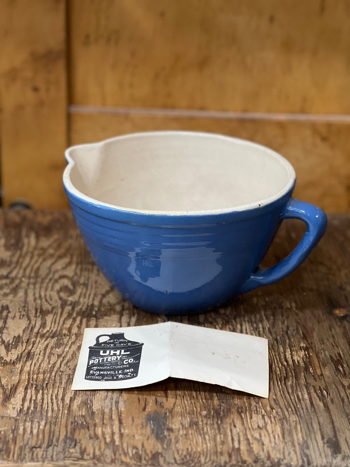 Antique Uhl Pottery Co. Egyptian Blue Batter Bowl with Spout &amp; Handle - No. 38 - The Mustard Seed Collection, The Seed