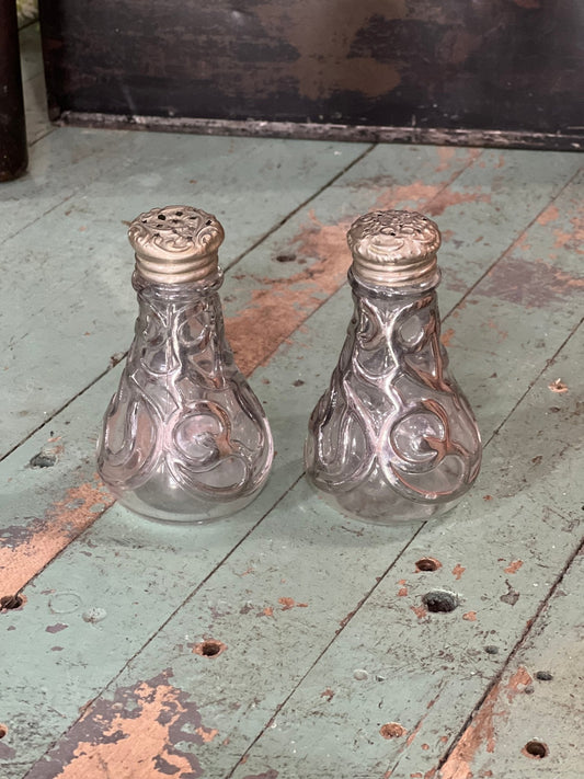 Antique Victorian Sterling Silver Deposit Glass Salt & Pepper Shakers Set – Art Nouveau Scrollwork 