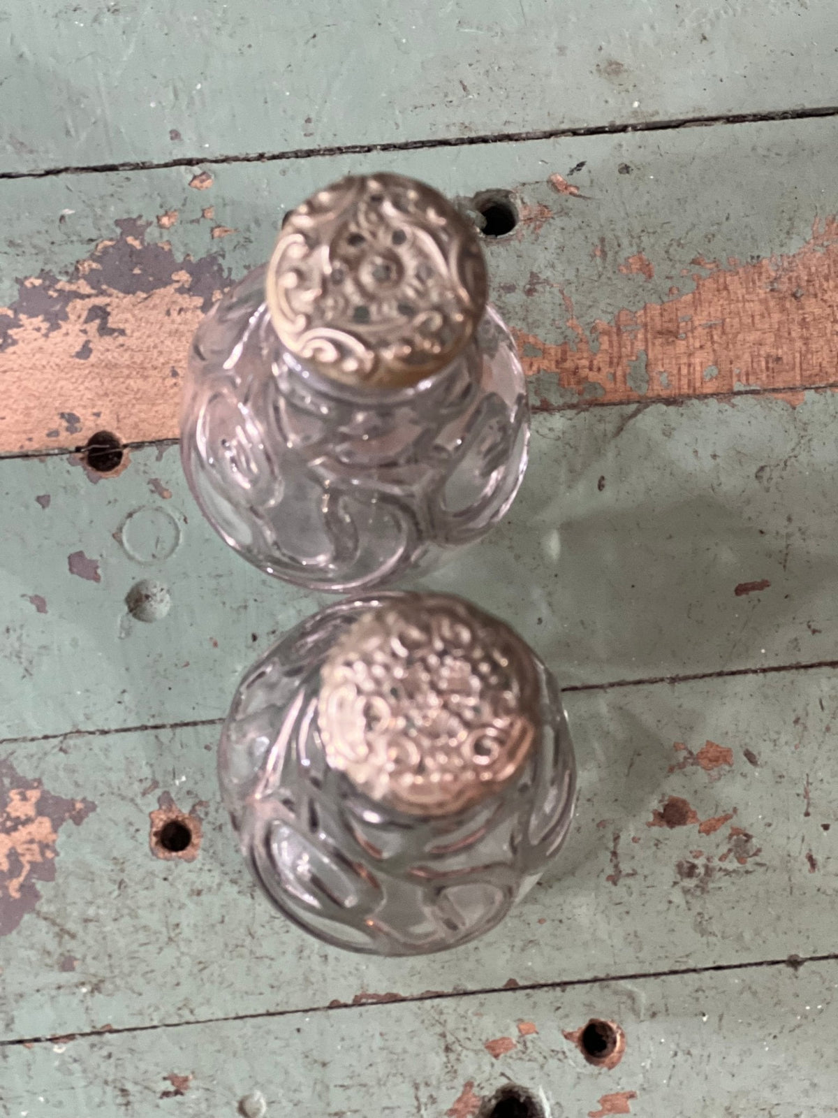 Antique Victorian Sterling Silver Deposit Glass Salt & Pepper Shakers Set – Art Nouveau Scrollwork 