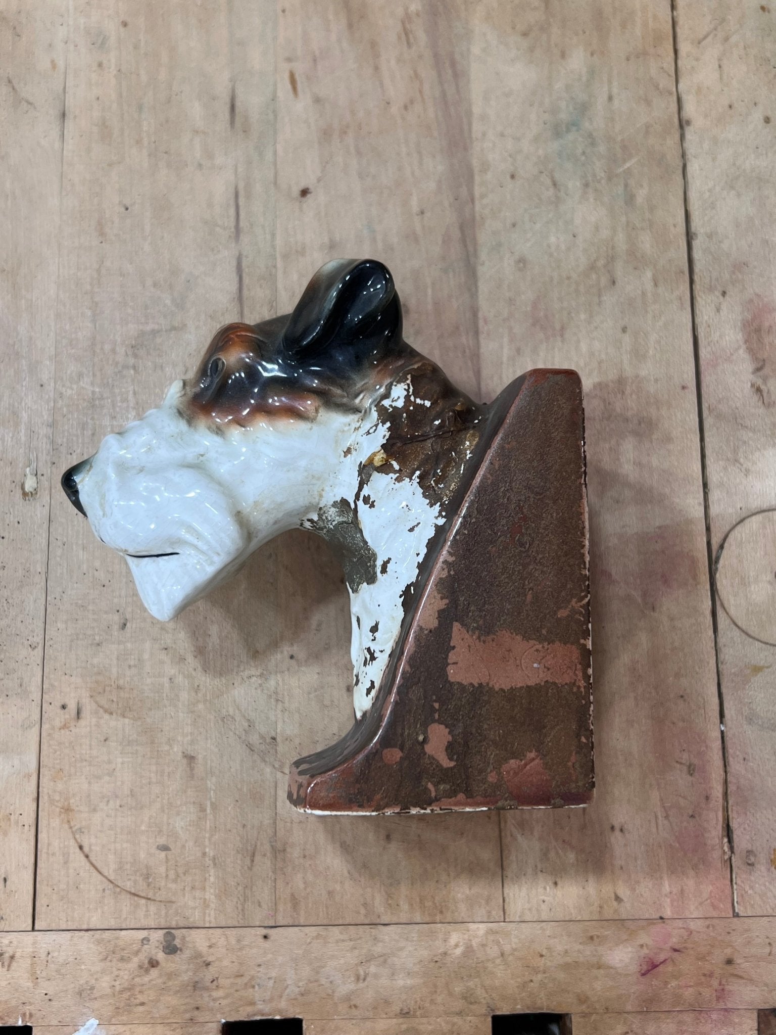 Antique Wire-Haired Fox Terrier Ceramic Bookend – Single Architectural Shelf Decor