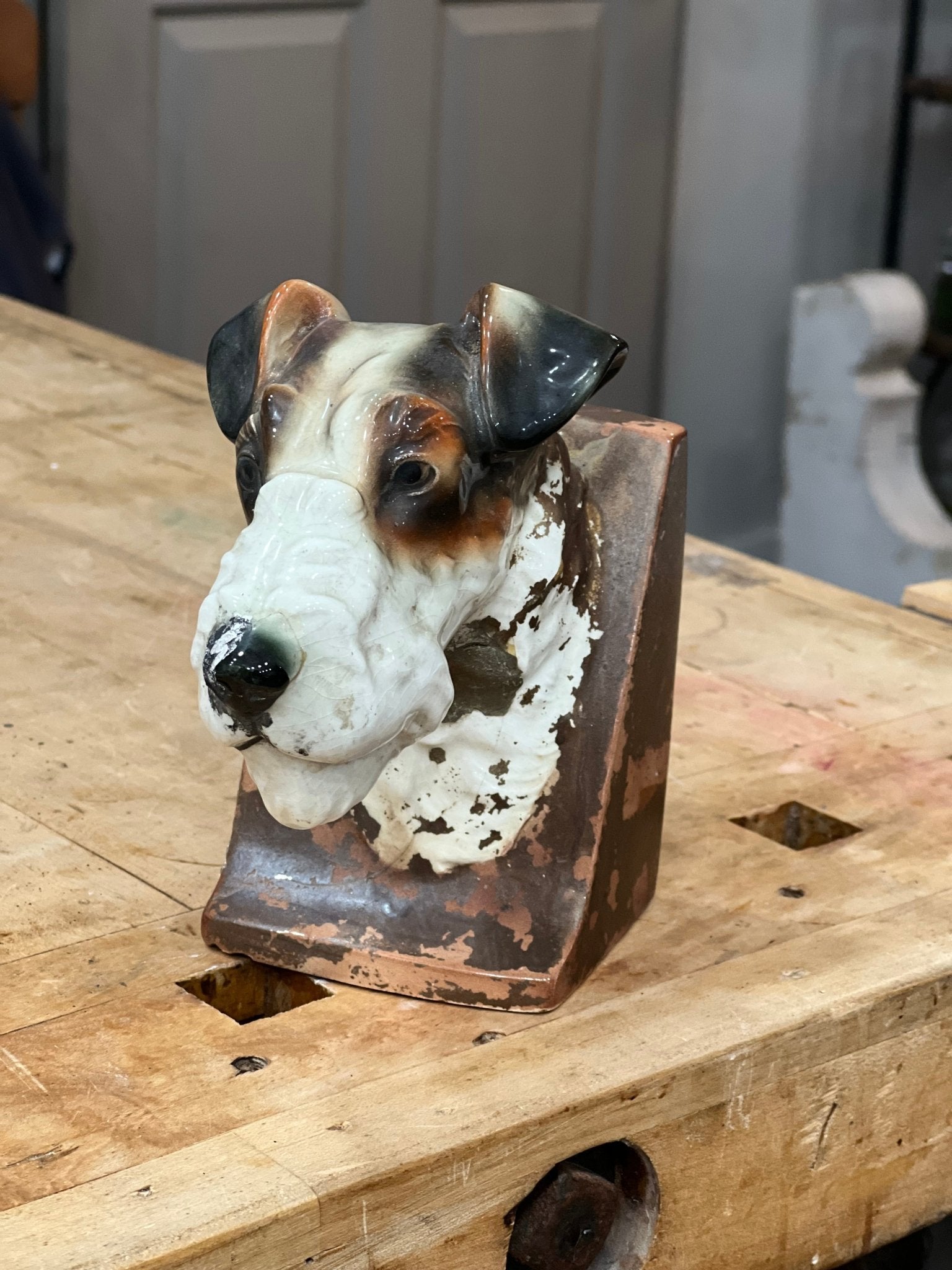 Antique Wire-Haired Fox Terrier Ceramic Bookend – Single Architectural Shelf Decor
